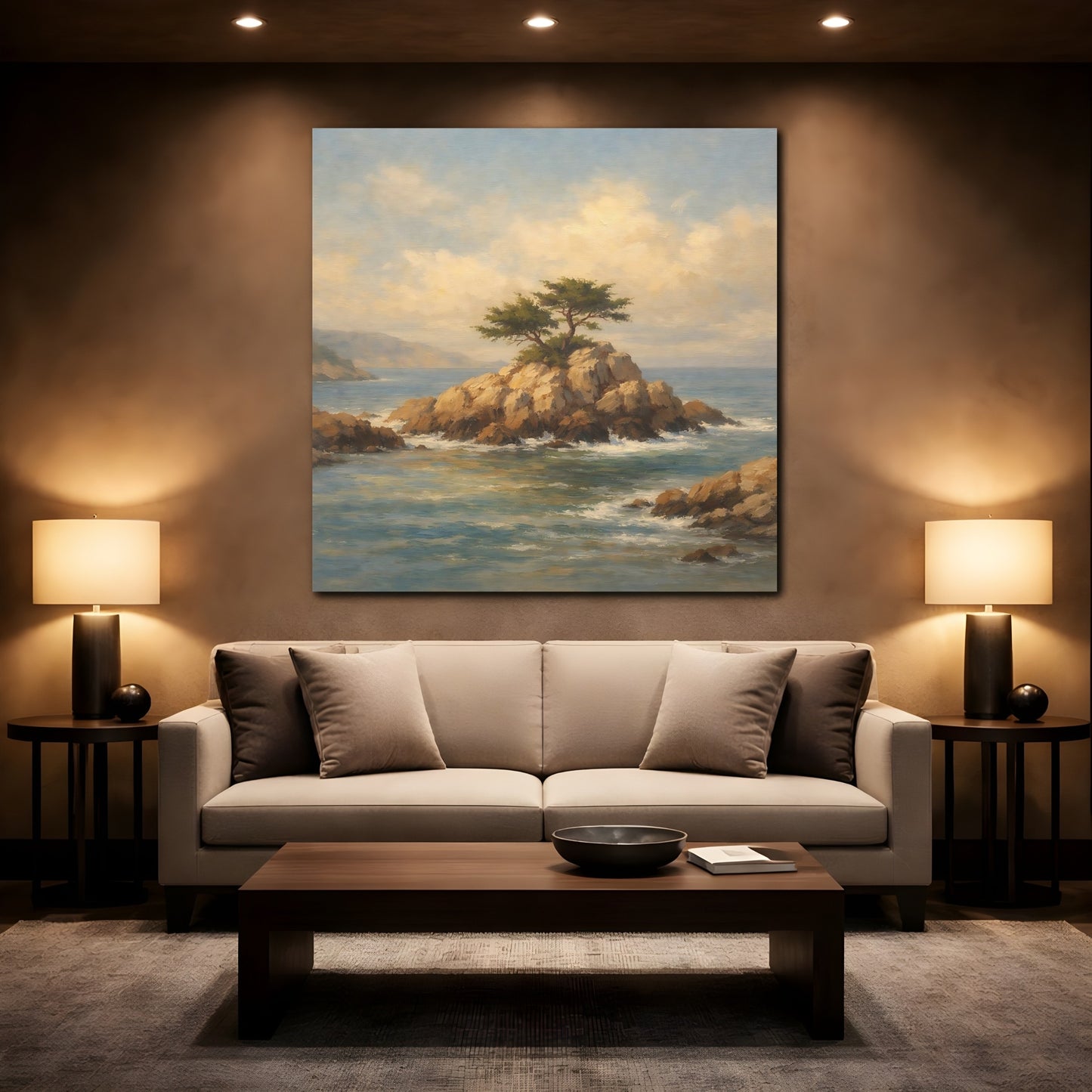 Mockup 2. Nature Rocky Islet Coastal Landscape Blue shown as stretched canvas wall art