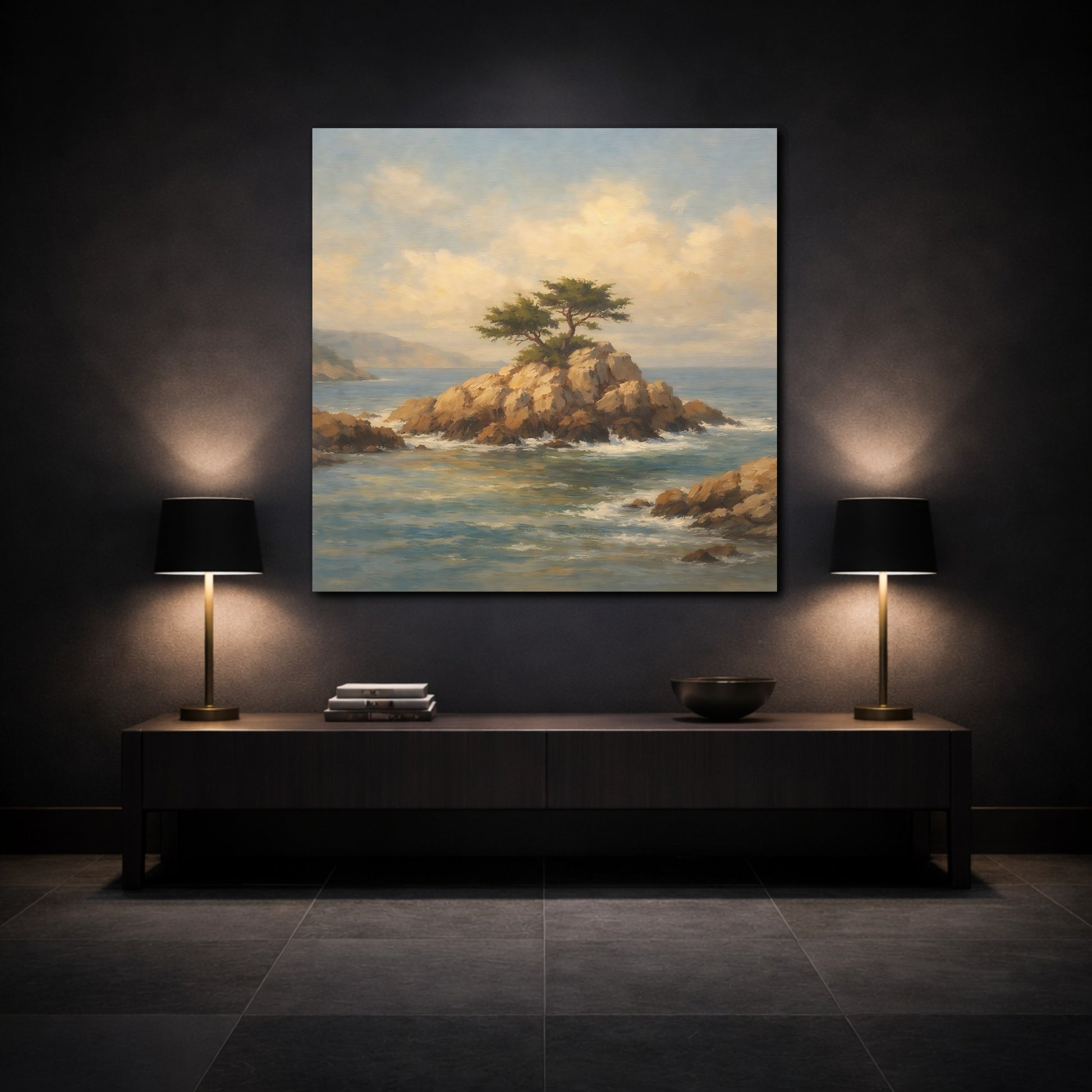 Mockup 3. Nature Rocky Islet Coastal Landscape Blue shown as stretched canvas wall art