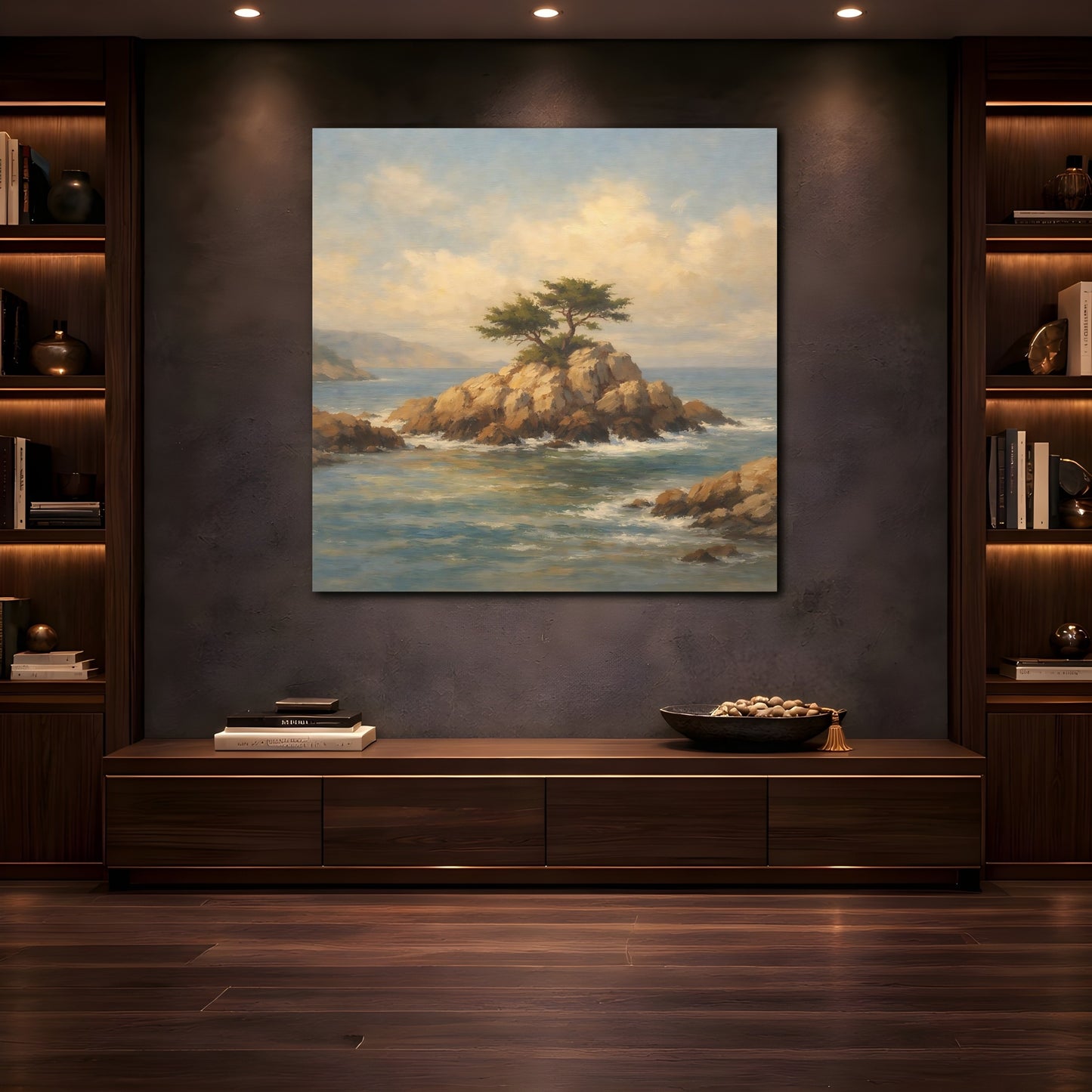 Mockup 4. Nature Rocky Islet Coastal Landscape Blue shown as stretched canvas wall art