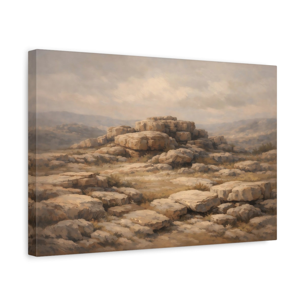 Side Mockup 4. Nature Rocky Landscape Brown And Beige shown as stretched canvas wall art