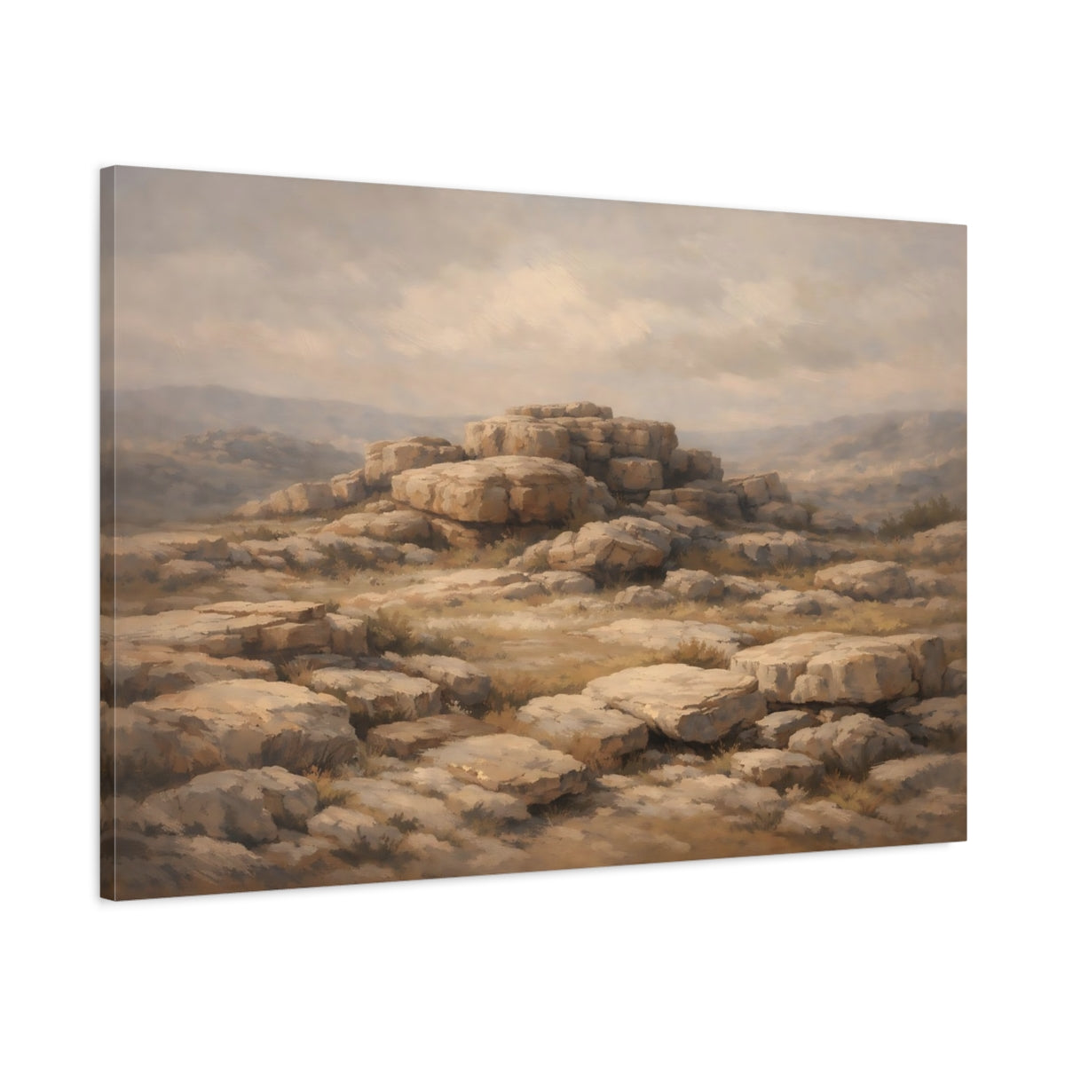 Side Mockup 1. Nature Rocky Landscape Brown And Beige shown as stretched canvas wall art