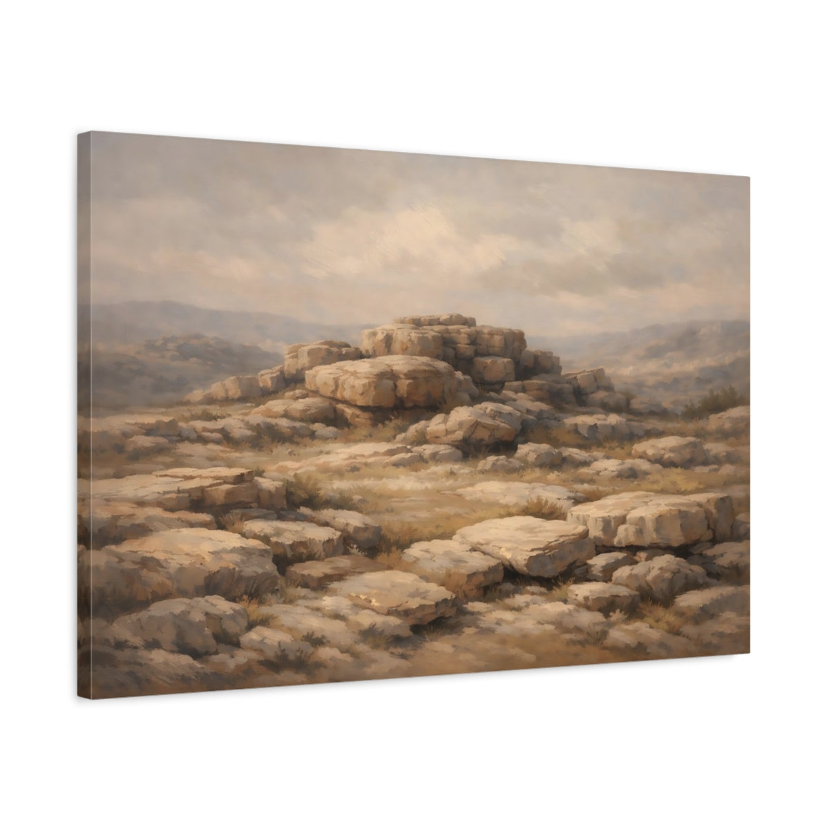 Side Mockup 2. Nature Rocky Landscape Brown And Beige shown as stretched canvas wall art