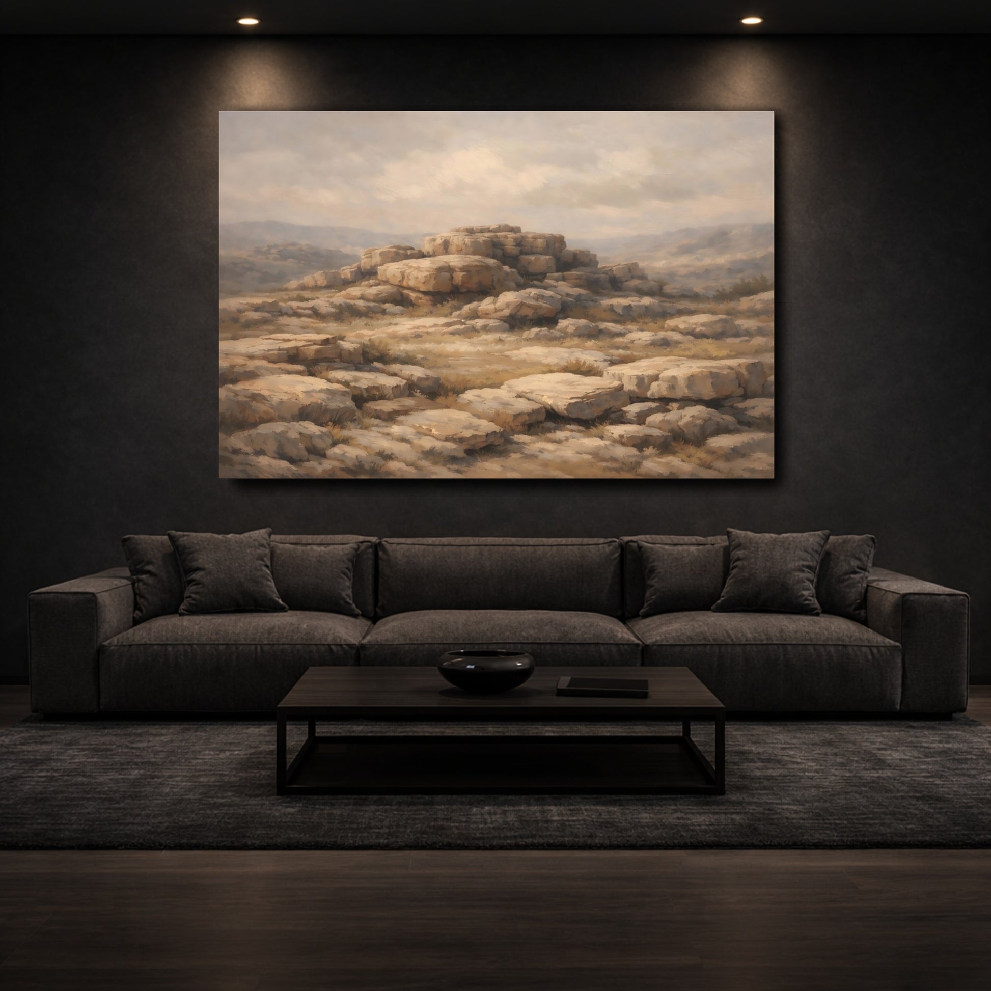 Mockup 2. Nature Rocky Landscape Brown And Beige shown as stretched canvas wall art