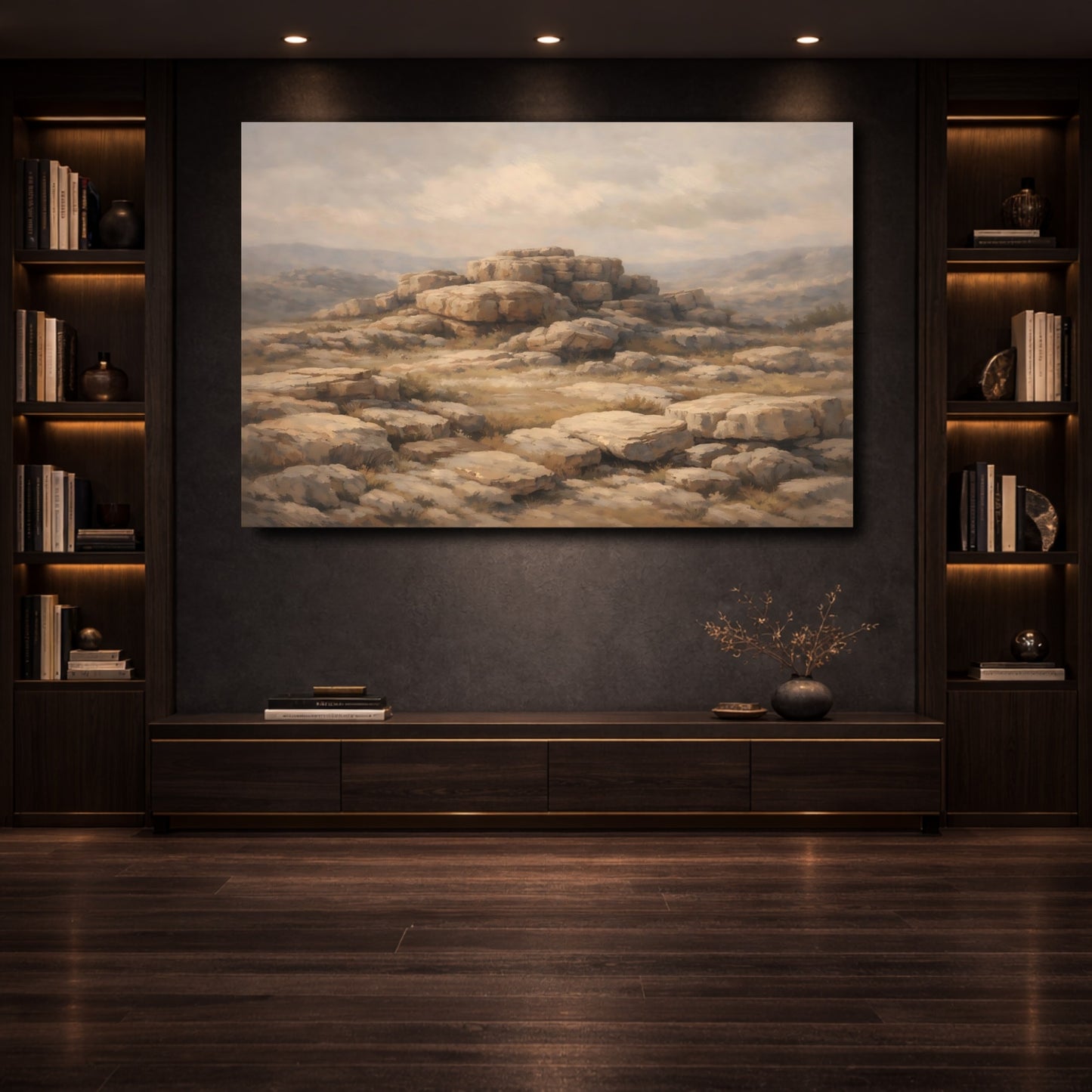 Mockup 3. Nature Rocky Landscape Brown And Beige shown as stretched canvas wall art