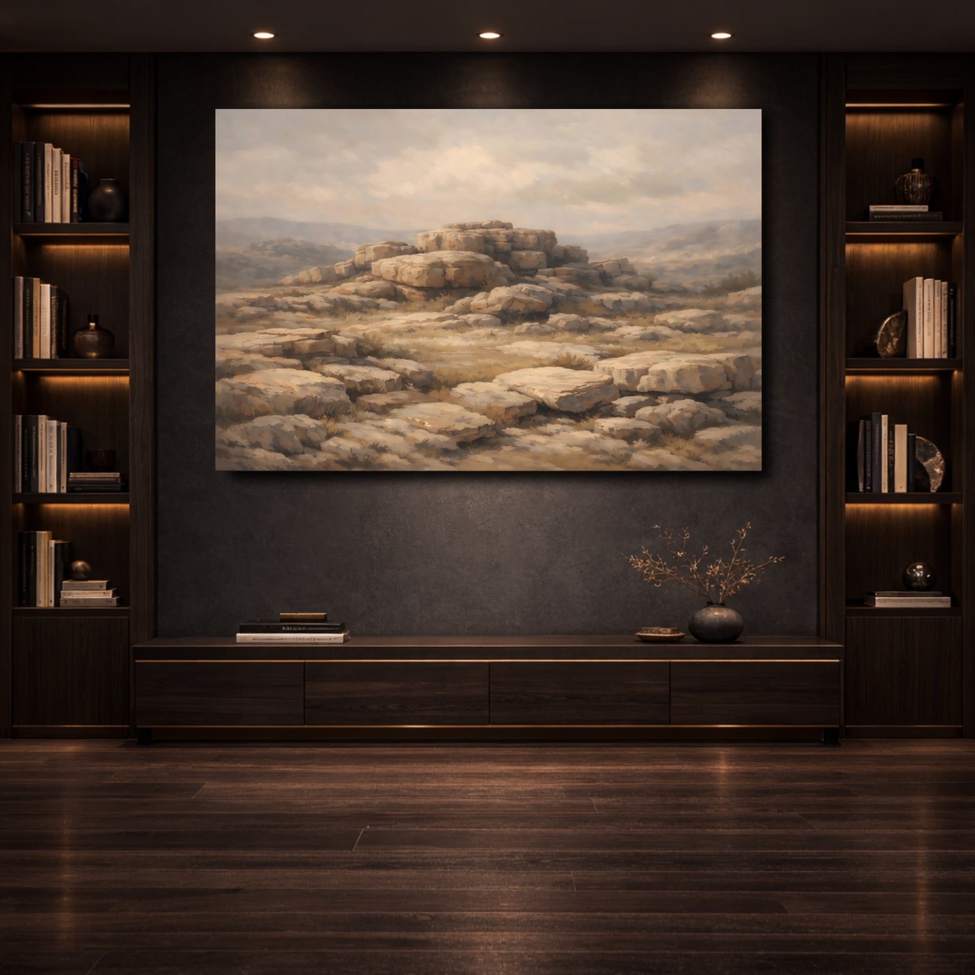 Mockup 3. Nature Rocky Landscape Brown And Beige shown as stretched canvas wall art