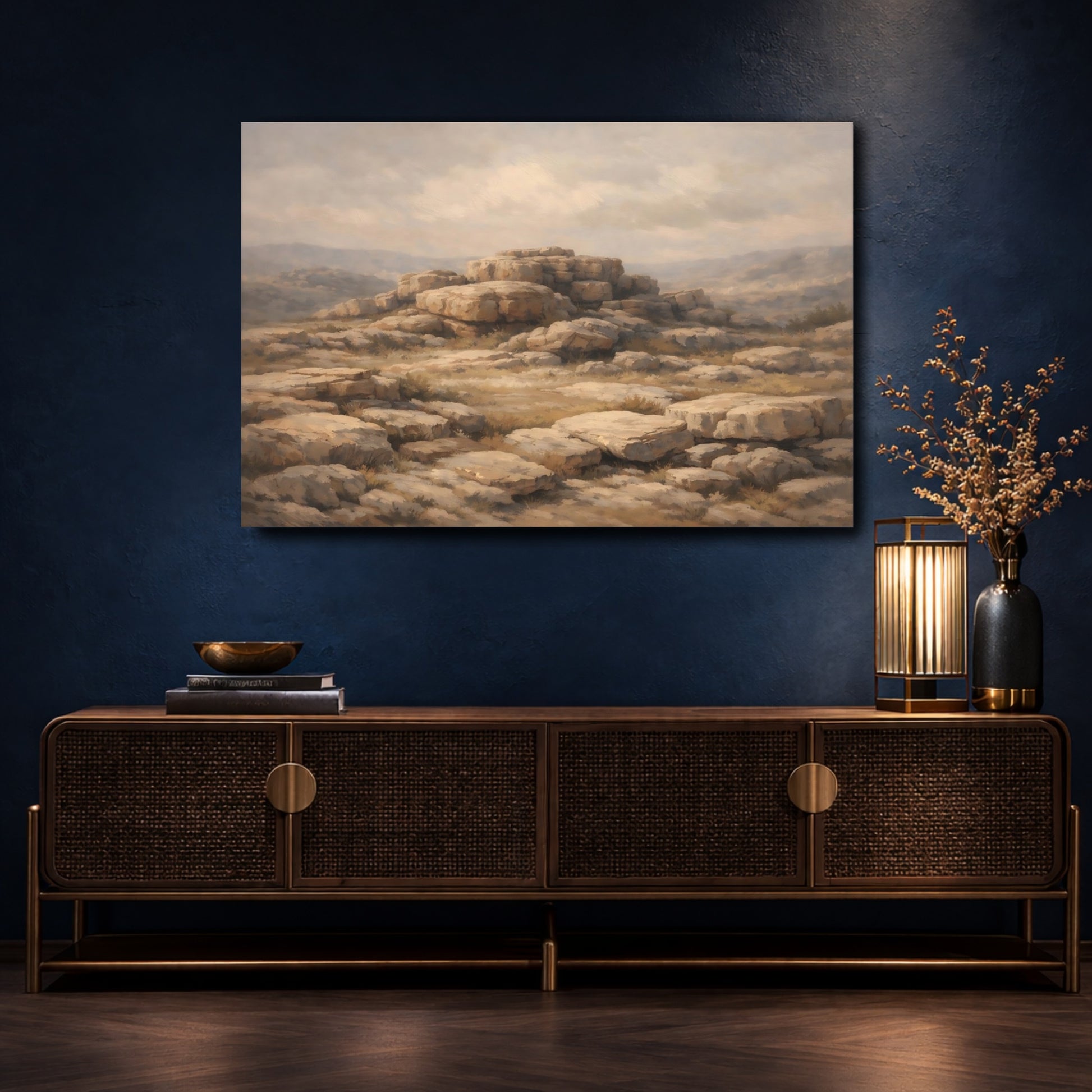 Mockup 4. Nature Rocky Landscape Brown And Beige shown as stretched canvas wall art