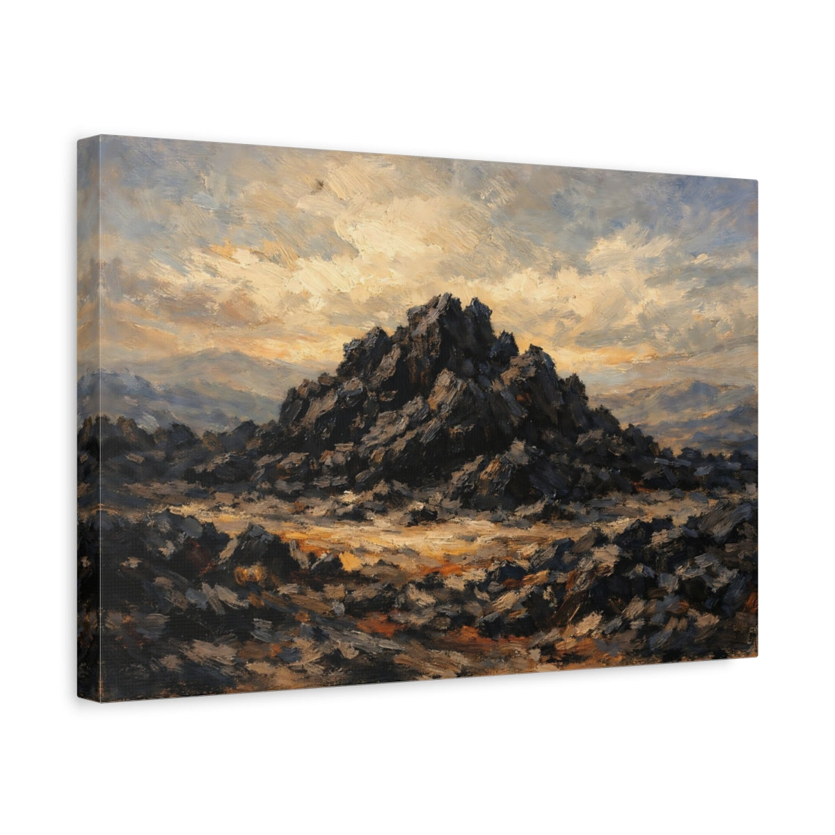 Side Mockup 4. Nature Rocky Mountain Dark Rock Landscape shown as stretched canvas wall art