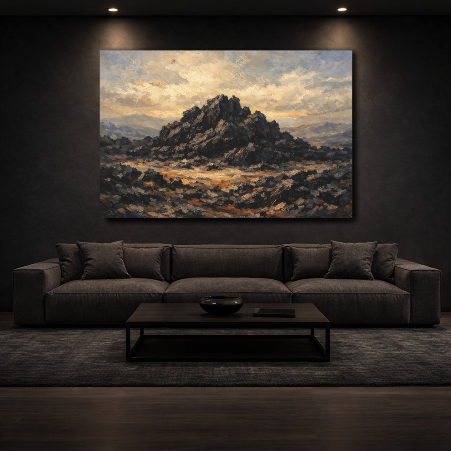Mockup 2. Nature Rocky Mountain Dark Rock Landscape shown as stretched canvas wall art