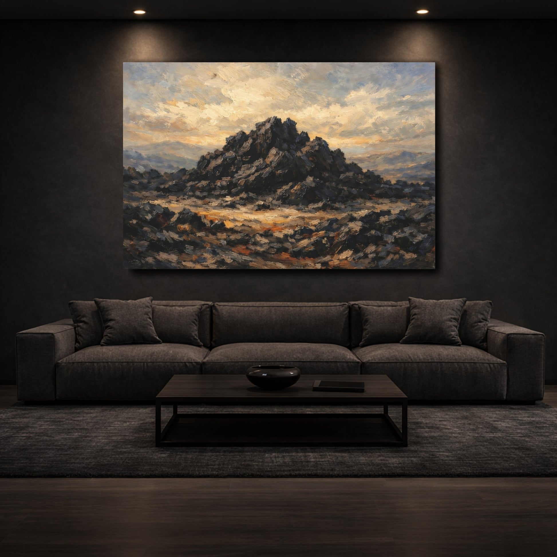 Mockup 2. Nature Rocky Mountain Dark Rock Landscape shown as stretched canvas wall art