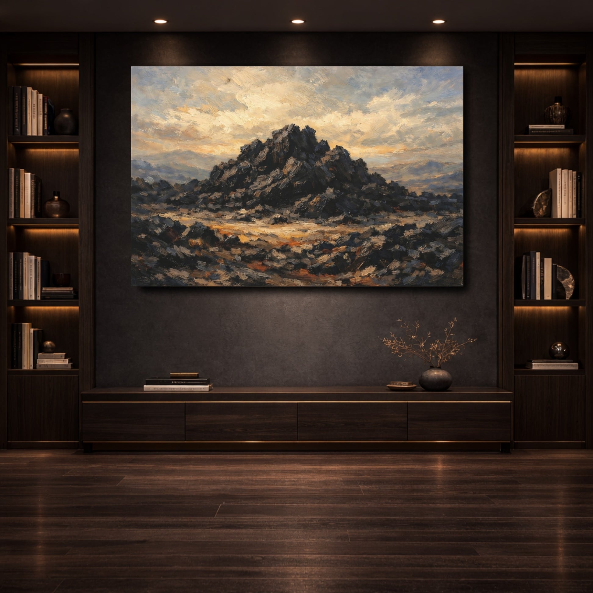 Mockup 3. Nature Rocky Mountain Dark Rock Landscape shown as stretched canvas wall art