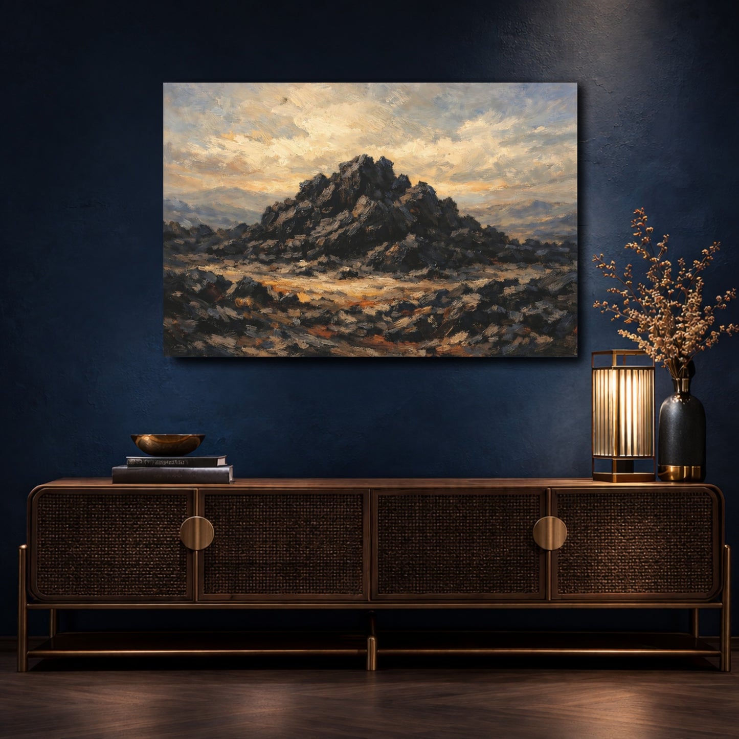 Mockup 4. Nature Rocky Mountain Dark Rock Landscape shown as stretched canvas wall art