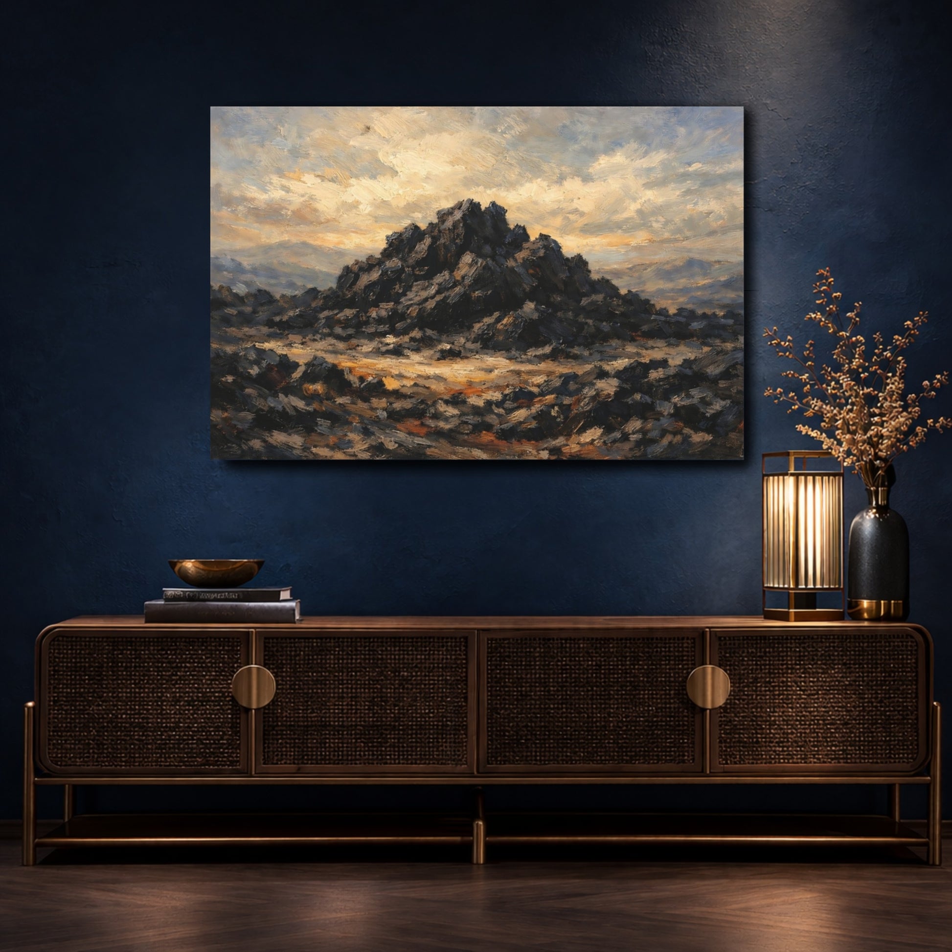 Mockup 4. Nature Rocky Mountain Dark Rock Landscape shown as stretched canvas wall art