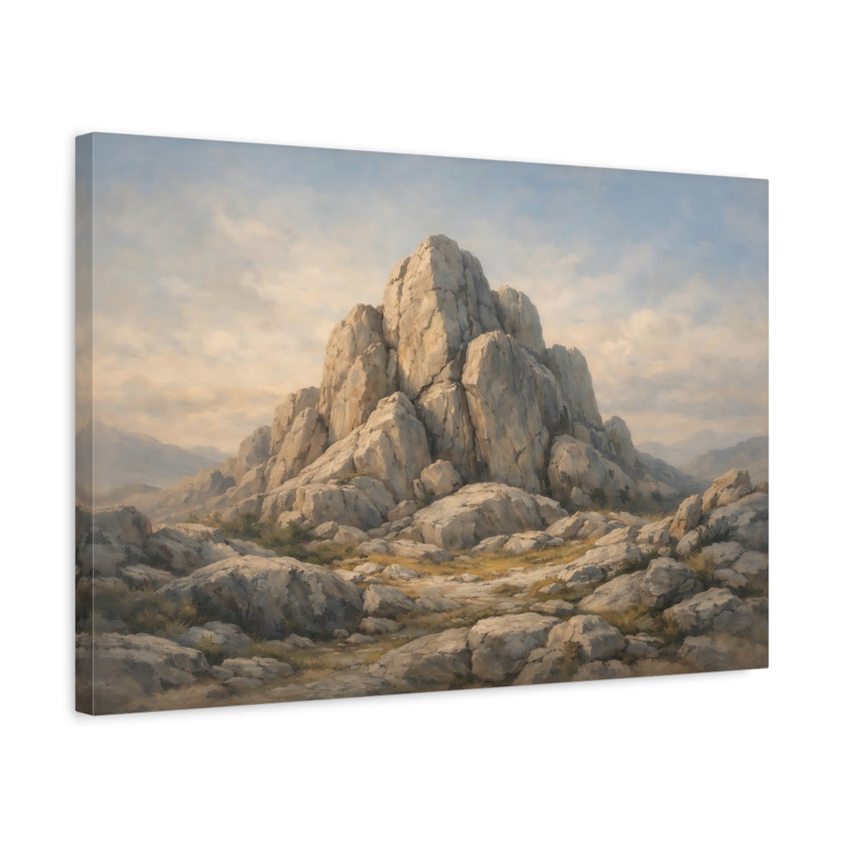 Side Mockup 3. Nature Rocky Mountain Grey Brown Mountain shown as stretched canvas wall art