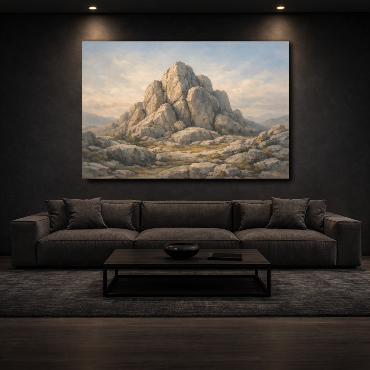Mockup 2. Nature Rocky Mountain Grey Brown Mountain shown as stretched canvas wall art