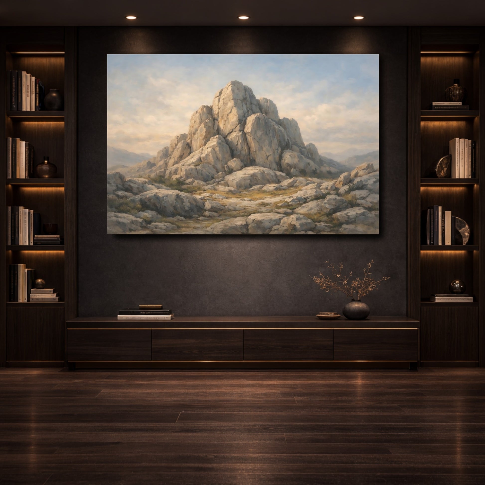 Mockup 3. Nature Rocky Mountain Grey Brown Mountain shown as stretched canvas wall art