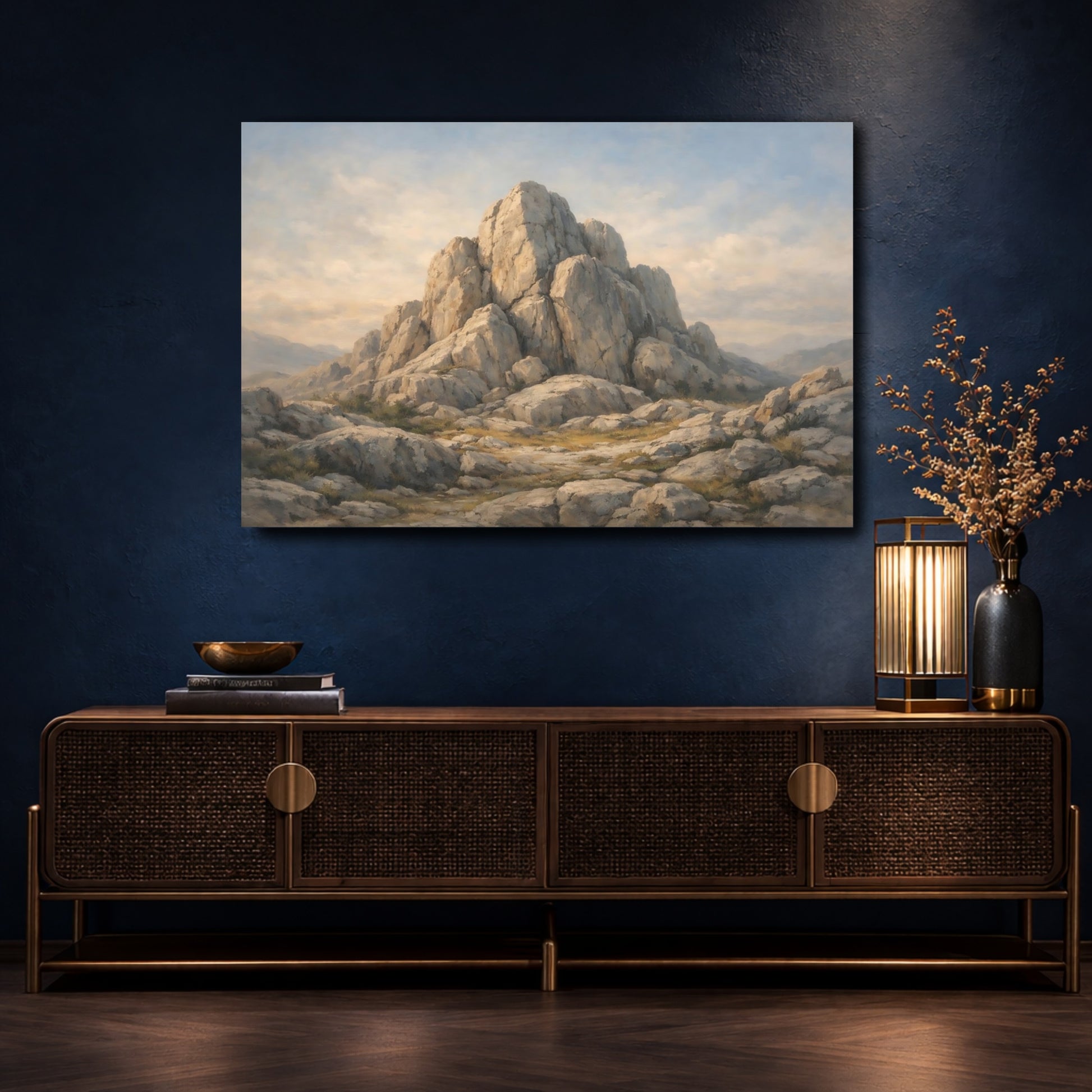 Mockup 4. Nature Rocky Mountain Grey Brown Mountain shown as stretched canvas wall art