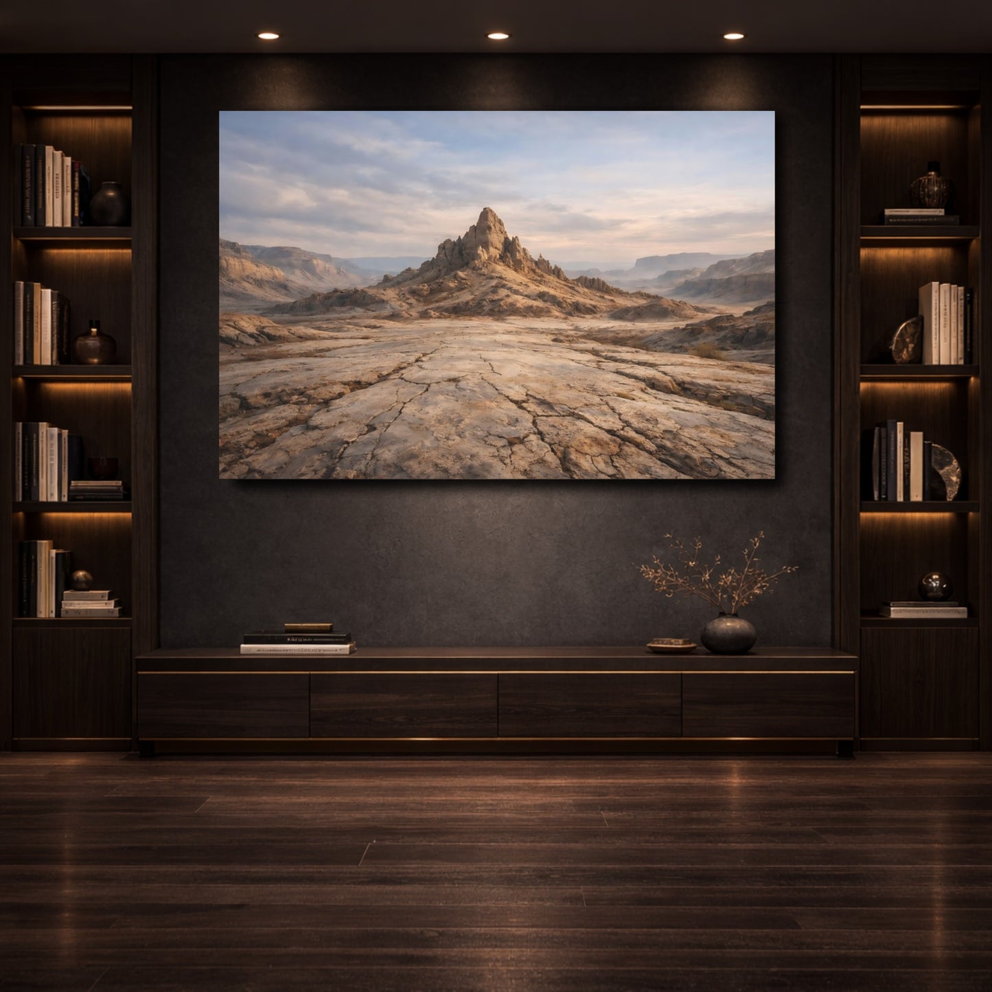 Mockup 3. Nature Rocky Peak Brown And Grey shown as stretched canvas wall art