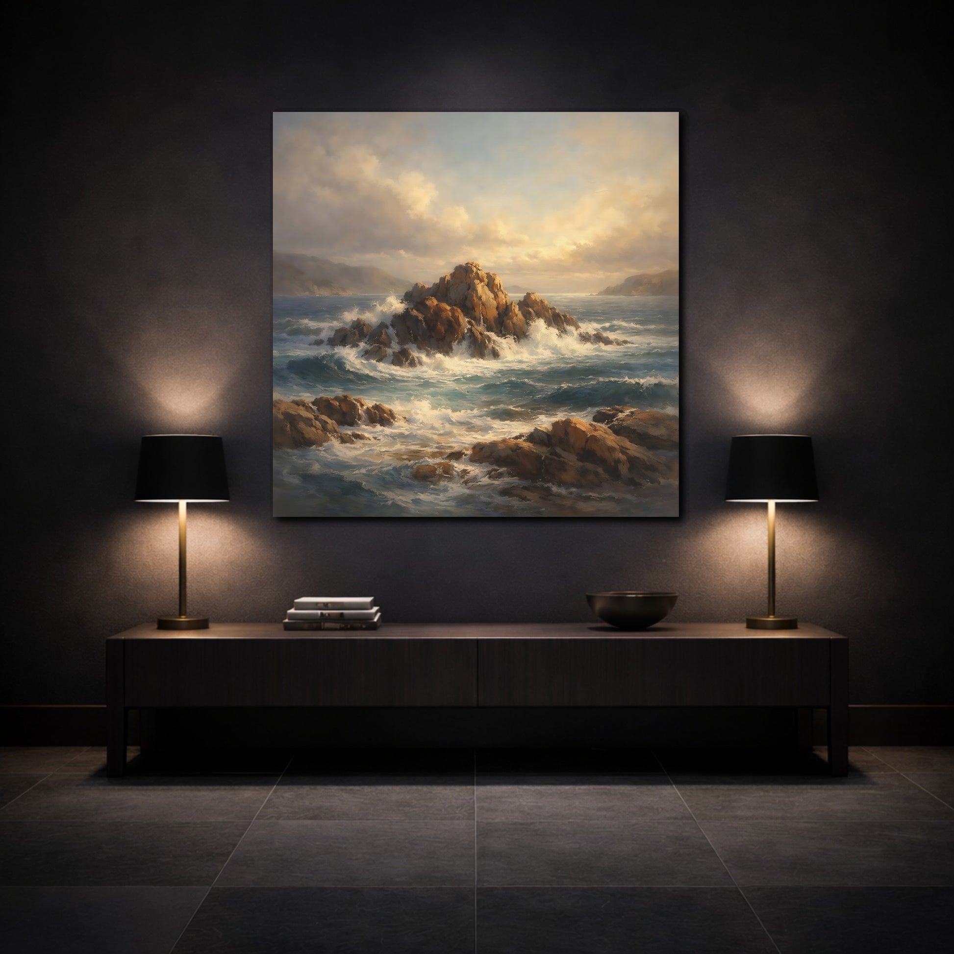 Mockup 3. Nature Rocky Seascape Coastal Seascape shown as stretched canvas wall art