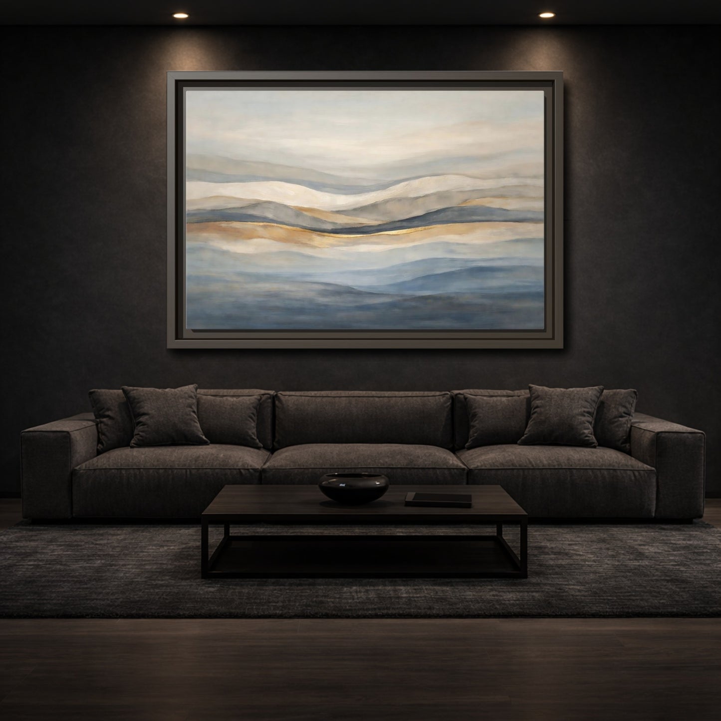 Mockup 2. Nature Rolling Hills Blue Gold Landscape shown as stretched canvas wall art