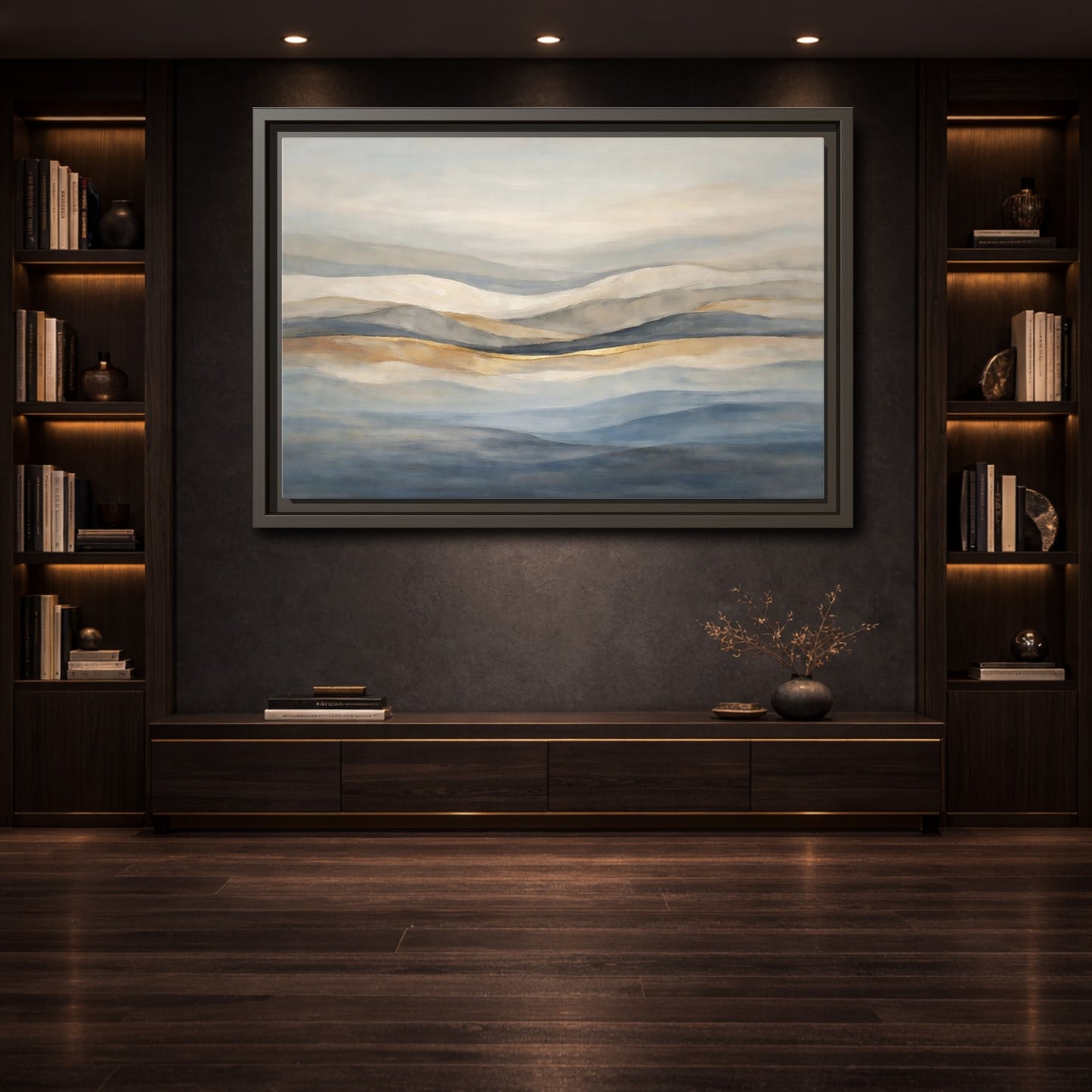 Mockup 3. Nature Rolling Hills Blue Gold Landscape shown as stretched canvas wall art