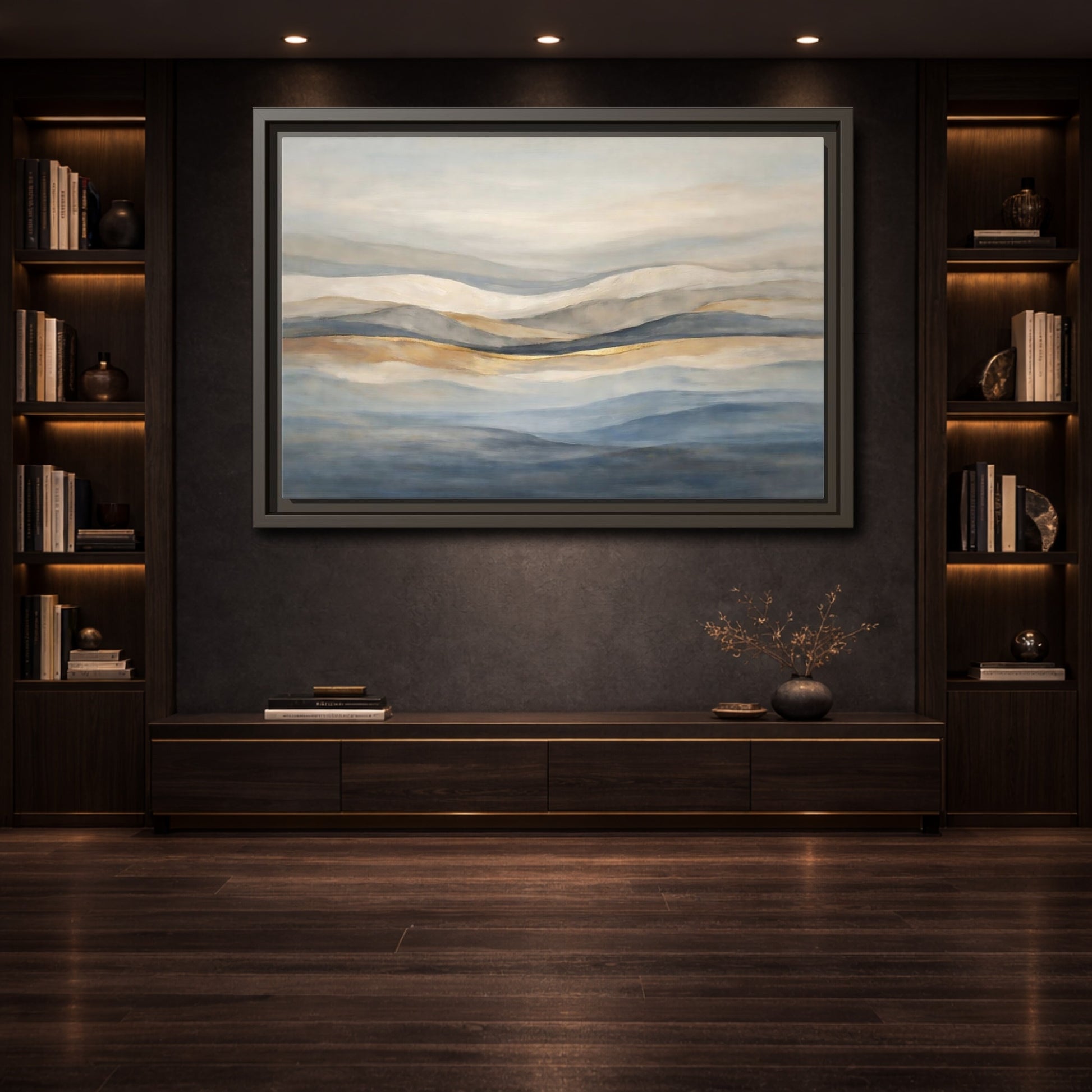 Mockup 3. Nature Rolling Hills Blue Gold Landscape shown as stretched canvas wall art