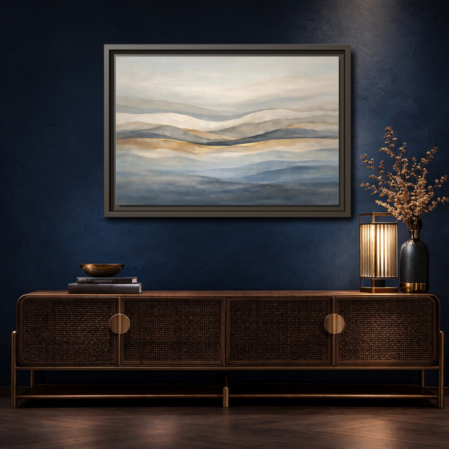 Mockup 4. Nature Rolling Hills Blue Gold Landscape shown as stretched canvas wall art