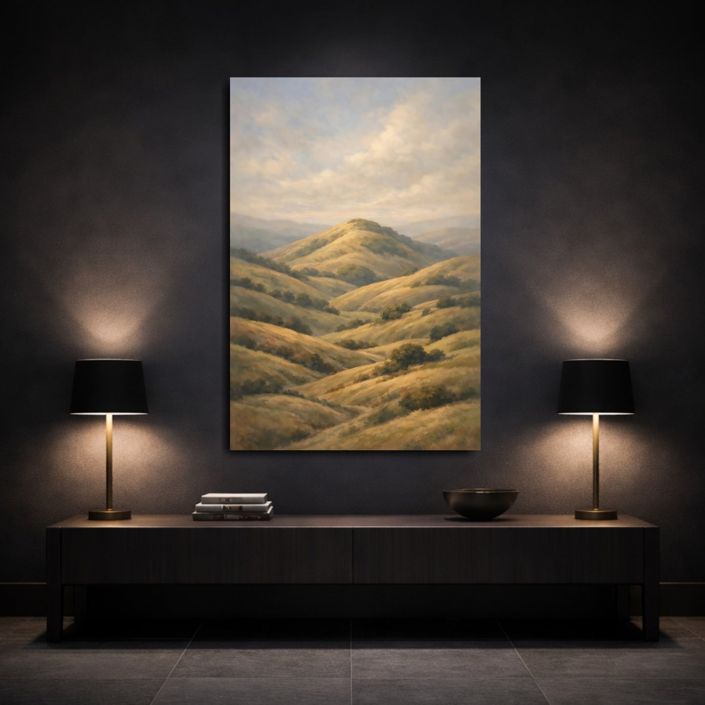 Mockup 2. Nature Rolling Hills Golden Hills shown as stretched canvas wall art