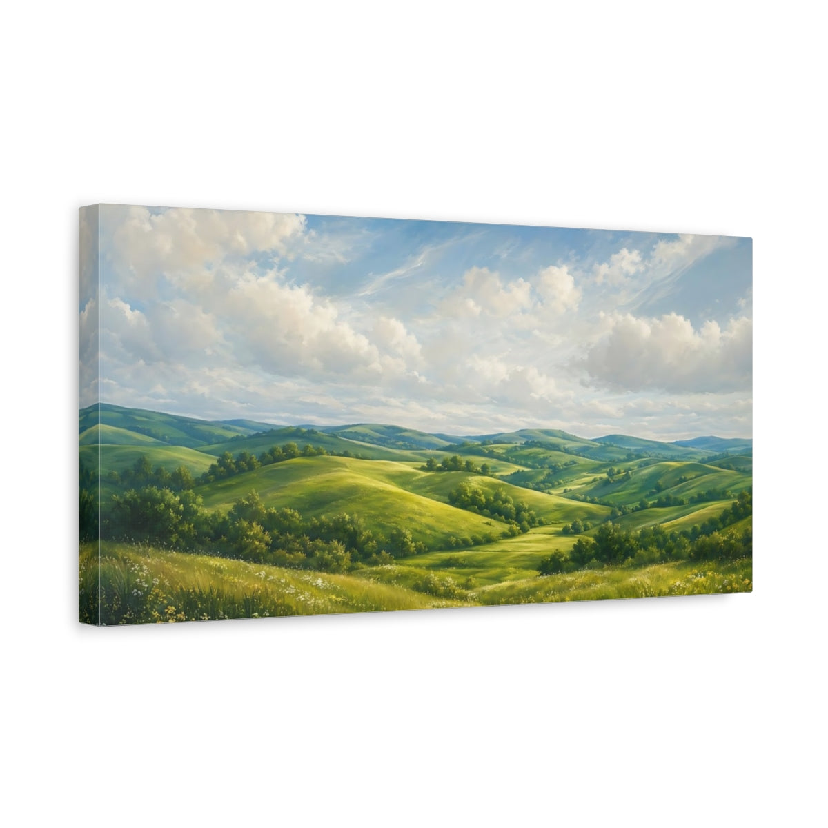 Side Mockup 3. Nature Rolling Hills Green Landscape shown as stretched canvas wall art