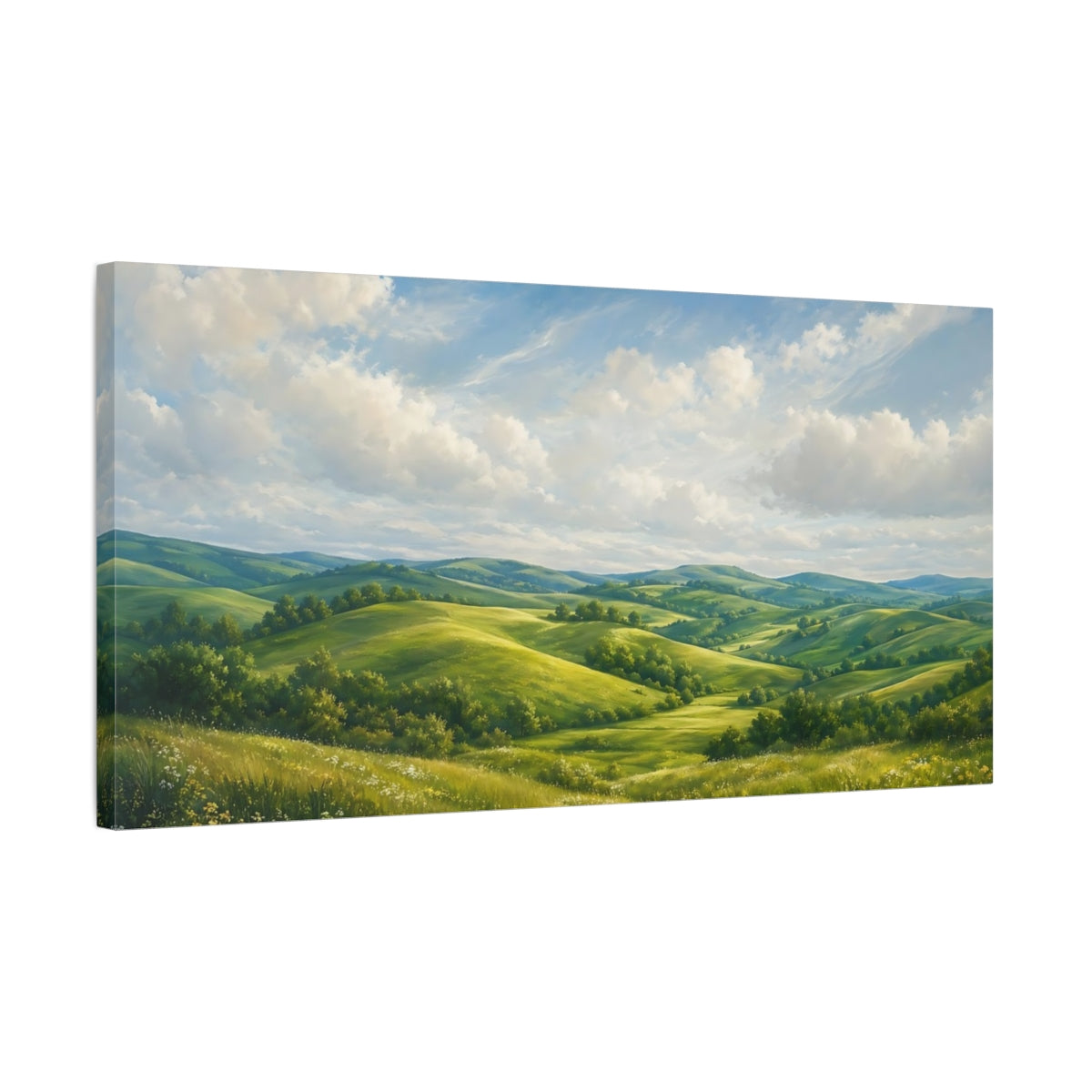 Side Mockup 1. Nature Rolling Hills Green Landscape shown as stretched canvas wall art