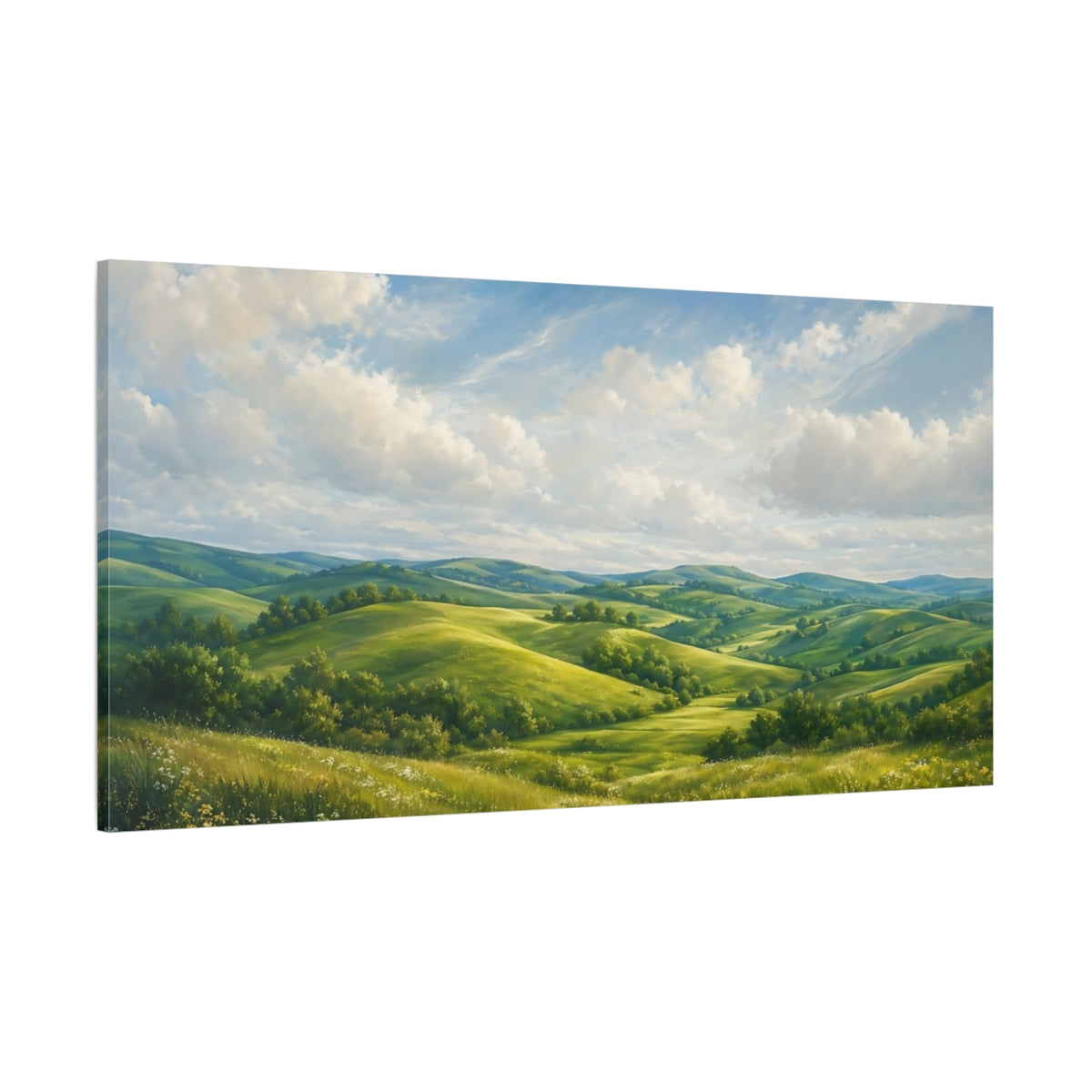 Side Mockup 2. Nature Rolling Hills Green Landscape shown as stretched canvas wall art