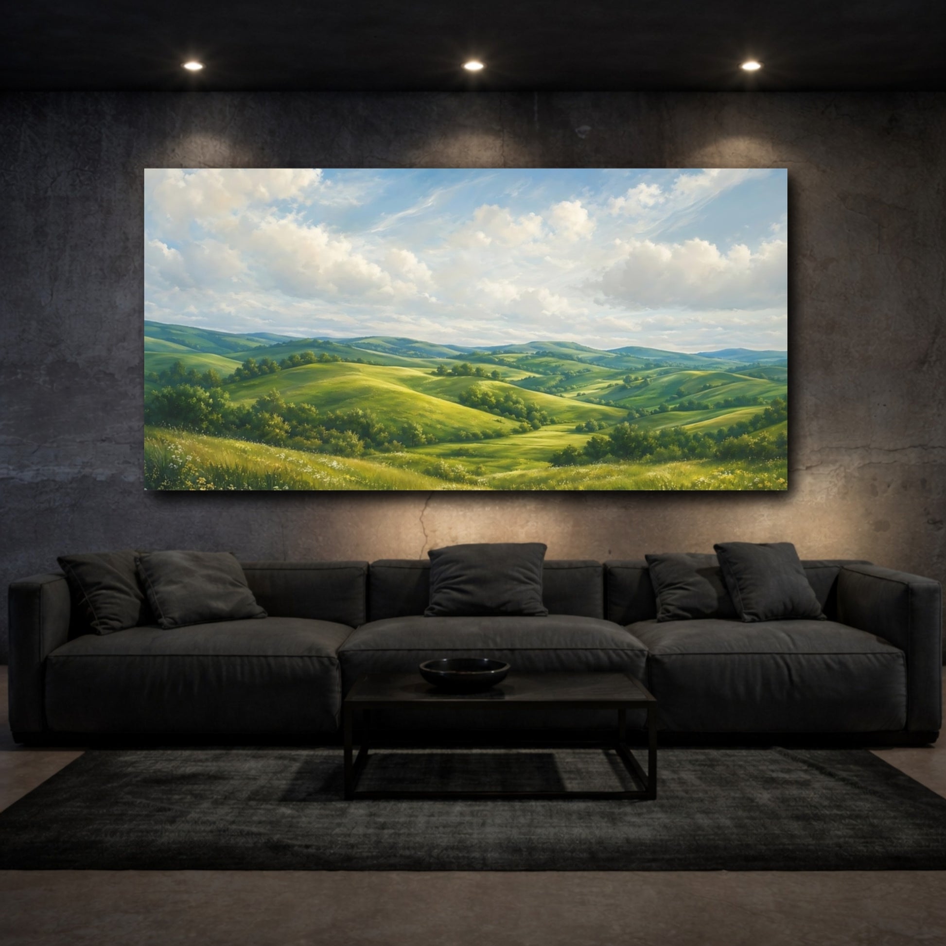Mockup 2. Nature Rolling Hills Green Landscape shown as stretched canvas wall art