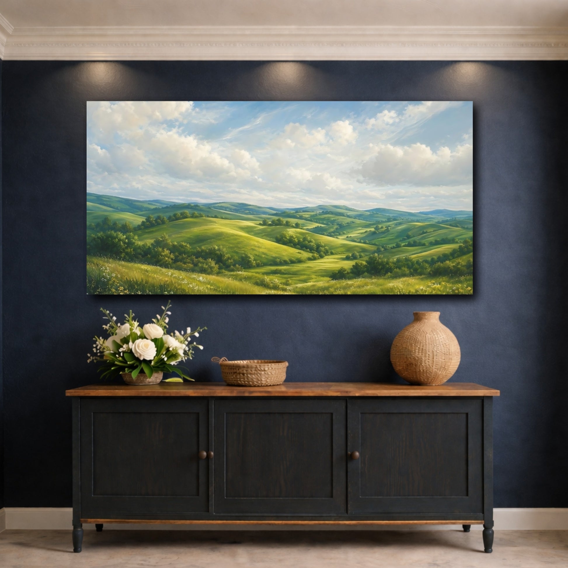 Mockup 4. Nature Rolling Hills Green Landscape shown as stretched canvas wall art