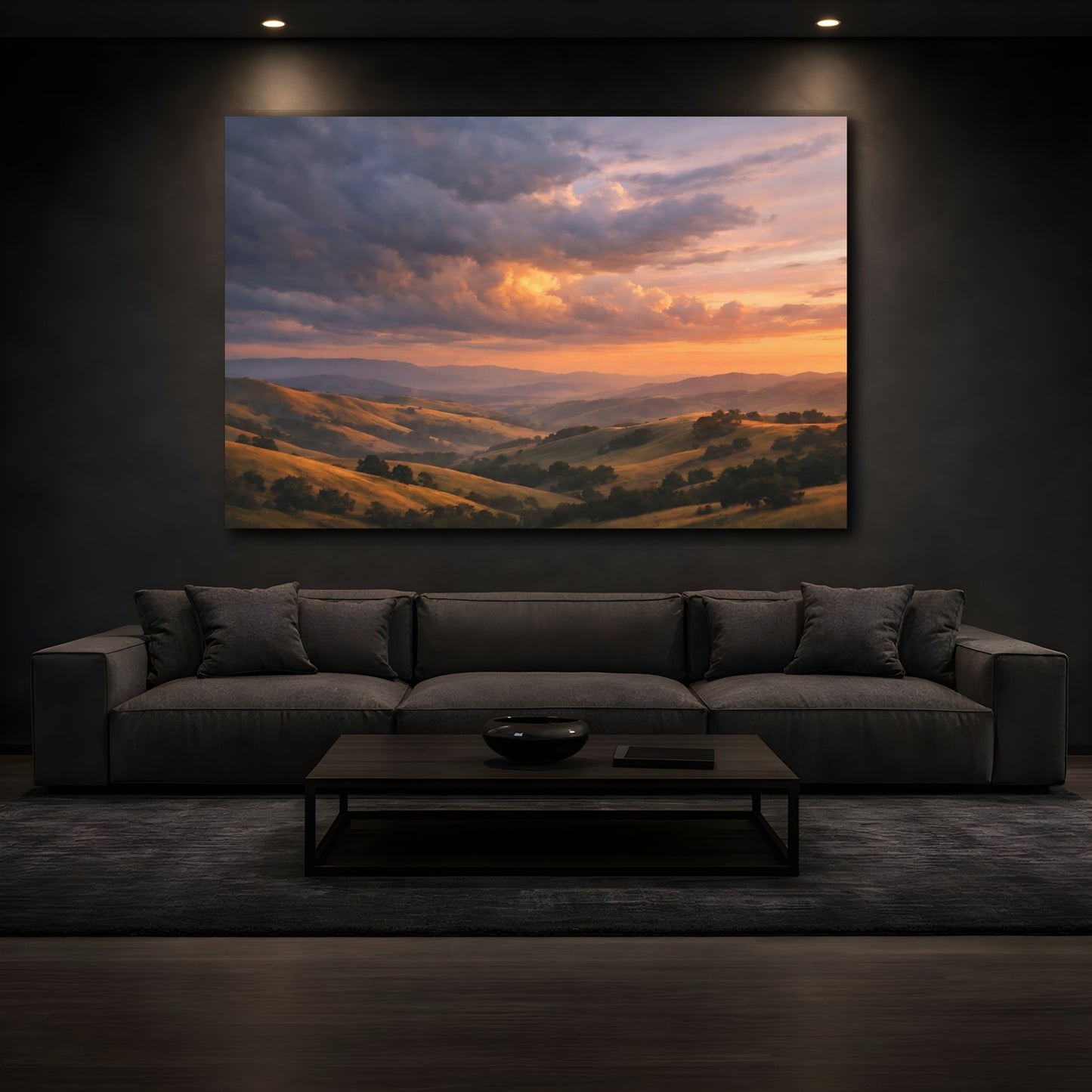 Mockup 2. Nature Rolling Hills Sunset Hills Landscape shown as stretched canvas wall art