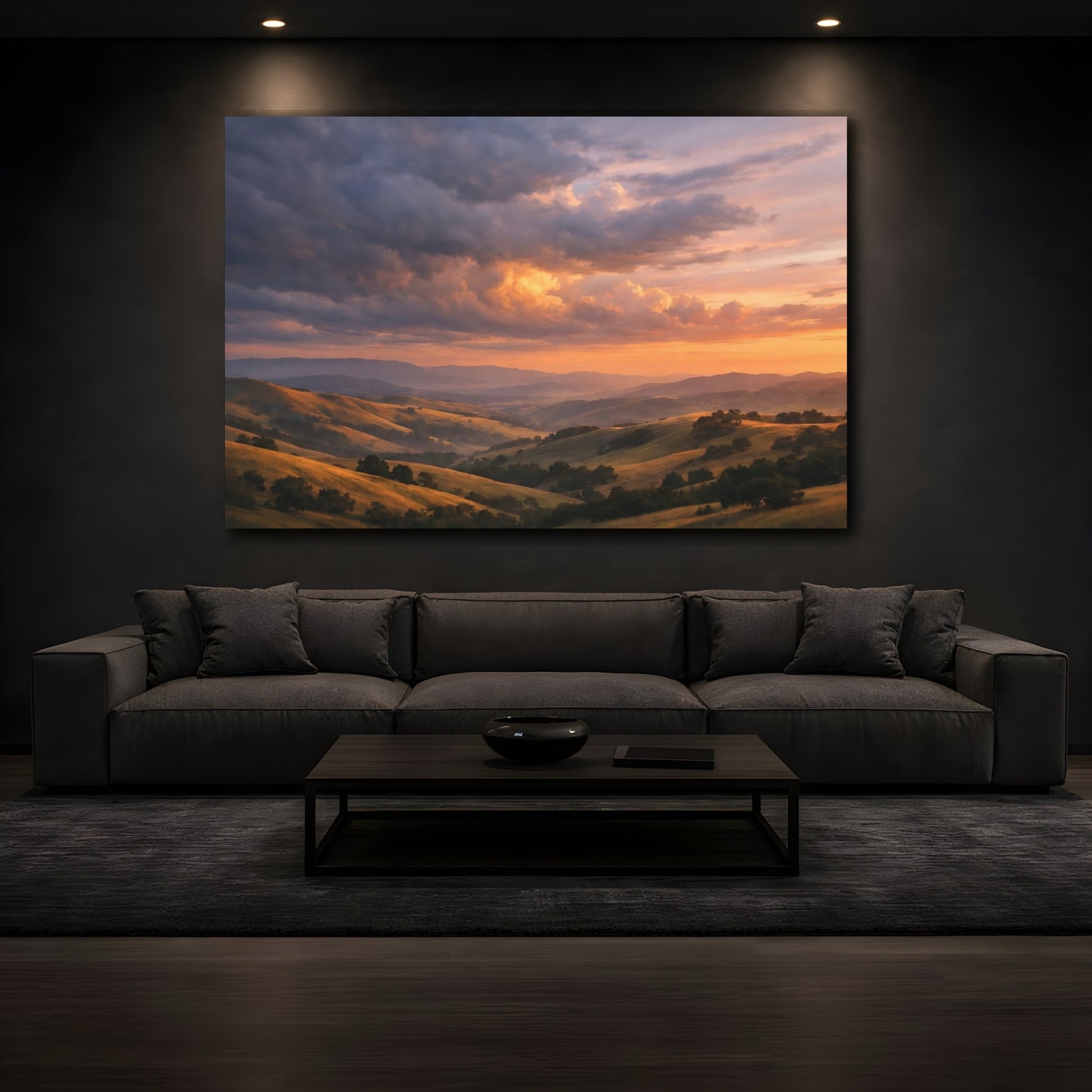 Mockup 2. Nature Rolling Hills Sunset Hills Landscape shown as stretched canvas wall art