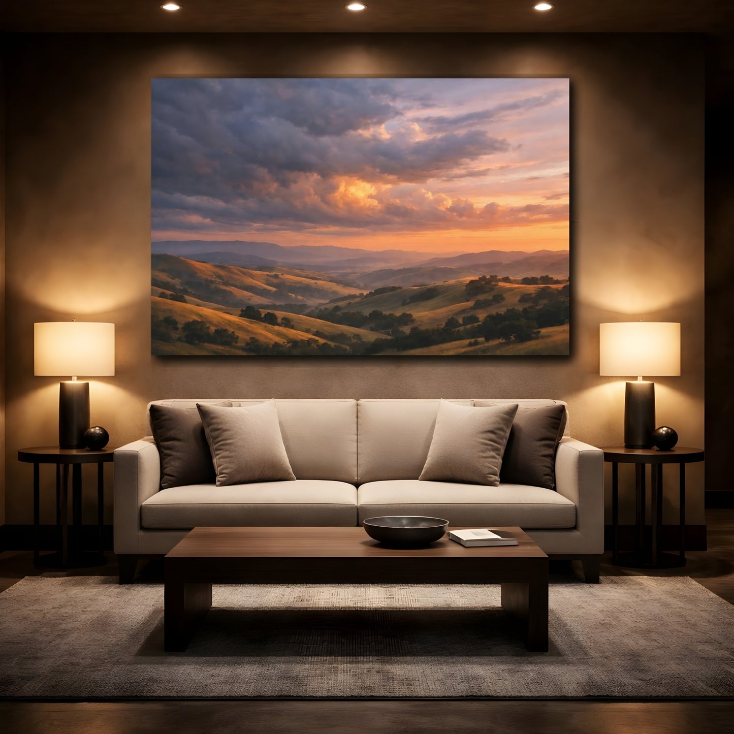 Mockup 3. Nature Rolling Hills Sunset Hills Landscape shown as stretched canvas wall art