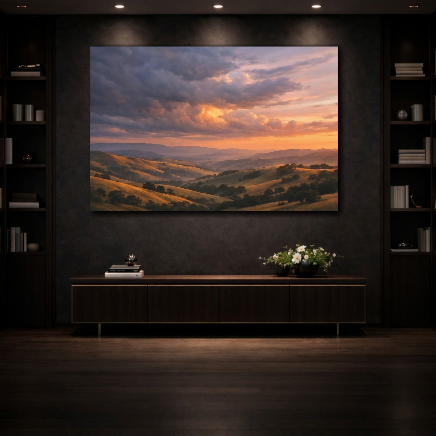 Mockup 4. Nature Rolling Hills Sunset Hills Landscape shown as stretched canvas wall art