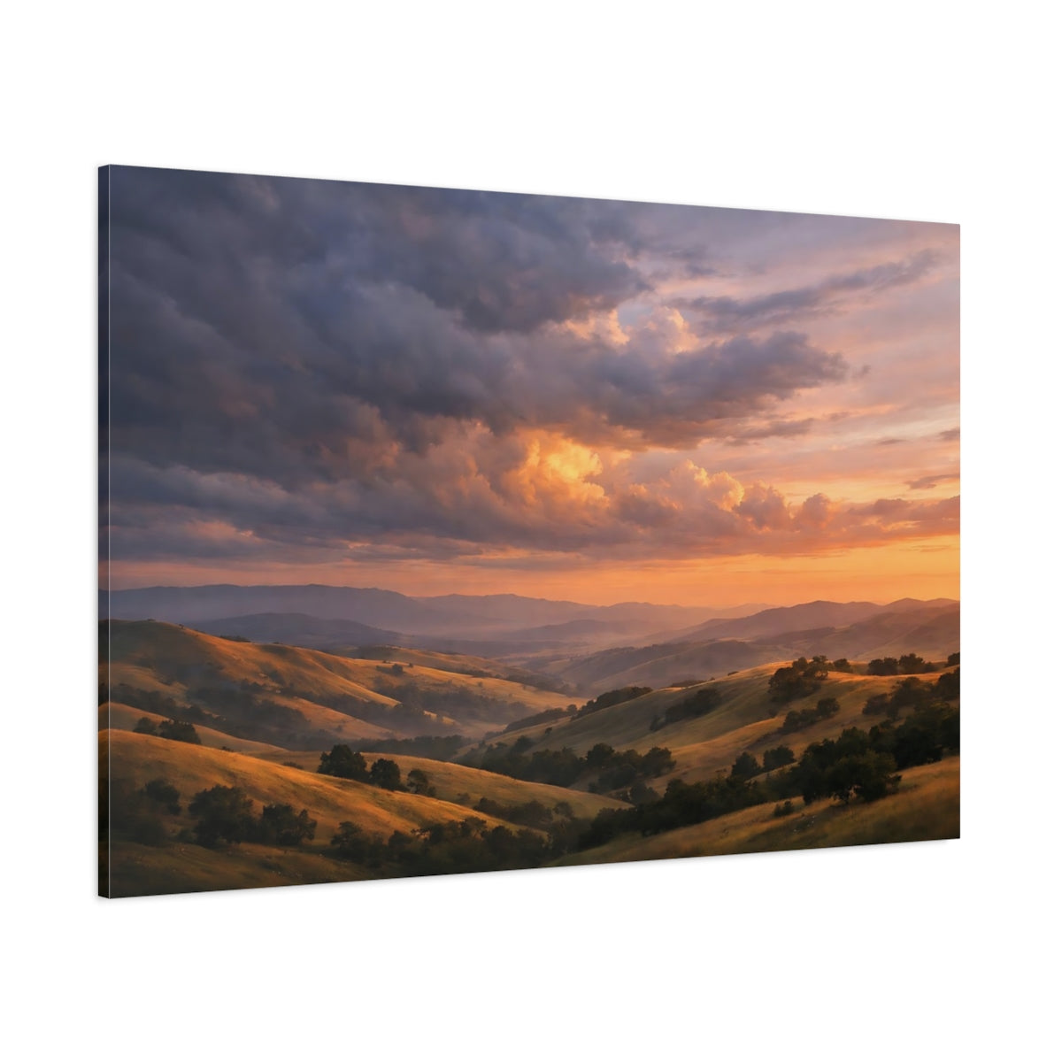 Side Mockup 1. Nature Rolling Hills Sunset Hills Landscape shown as stretched canvas wall art
