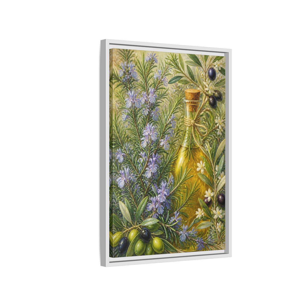 Side Mockup 1. Nature Rosemary, Olives Rosemary Olives shown as framed canvas print