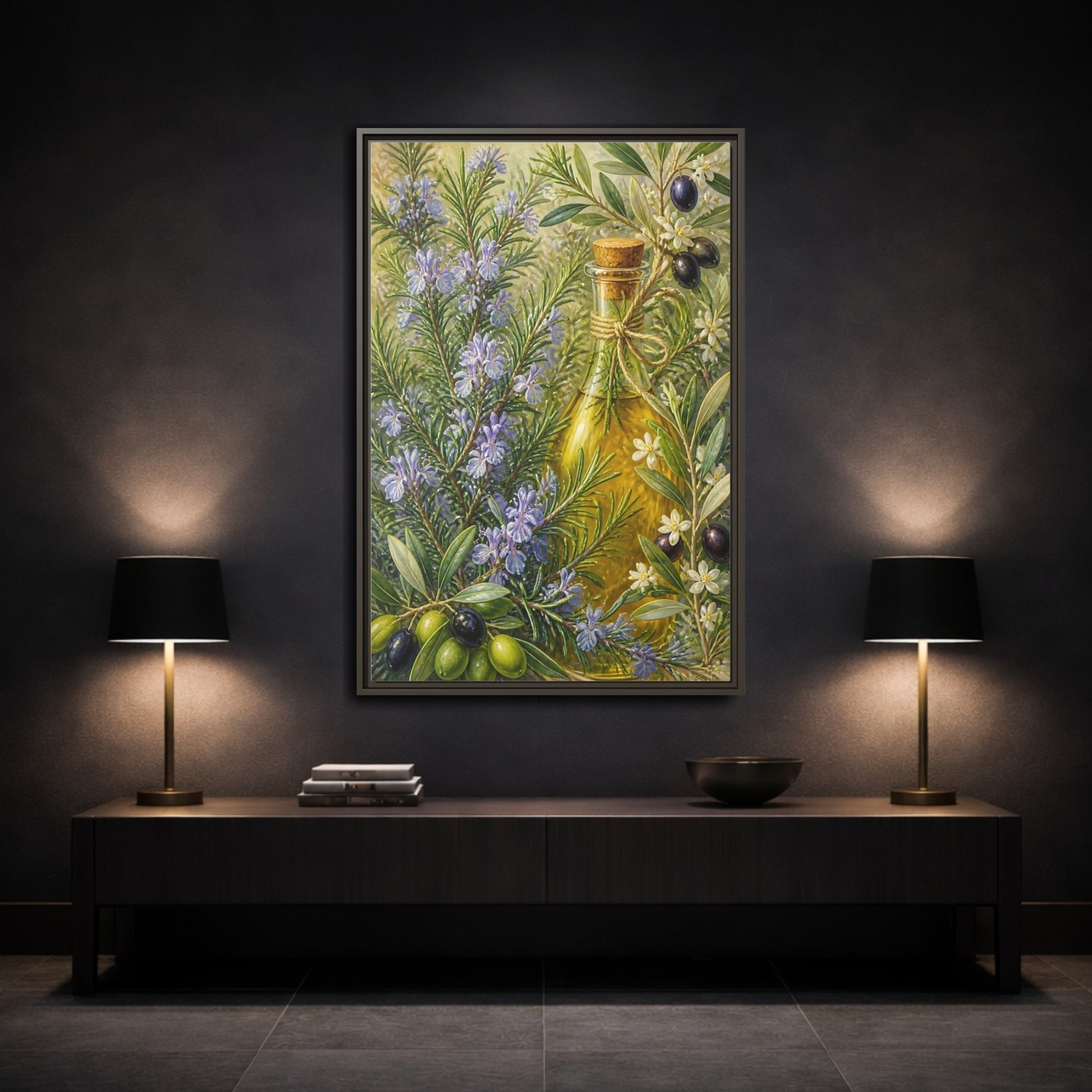 Mockup 3. Nature Rosemary, Olives Rosemary Olives shown as framed canvas print