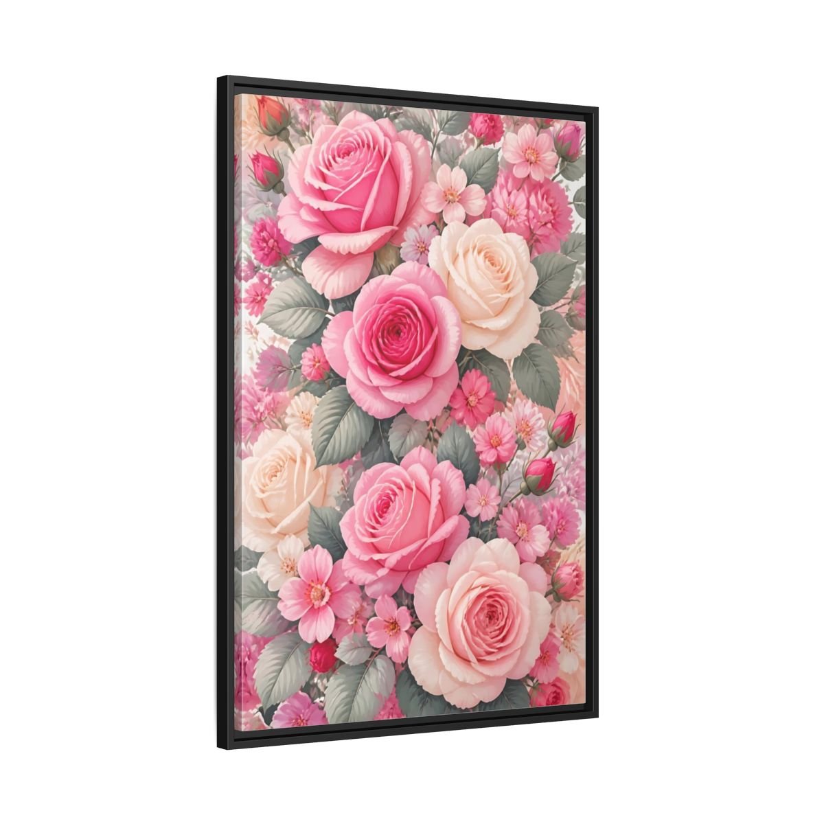 Nature Roses Pink Framed Canvas Print Wall Art – Romantic Living Room, Above Fireplace - YesArtYes
