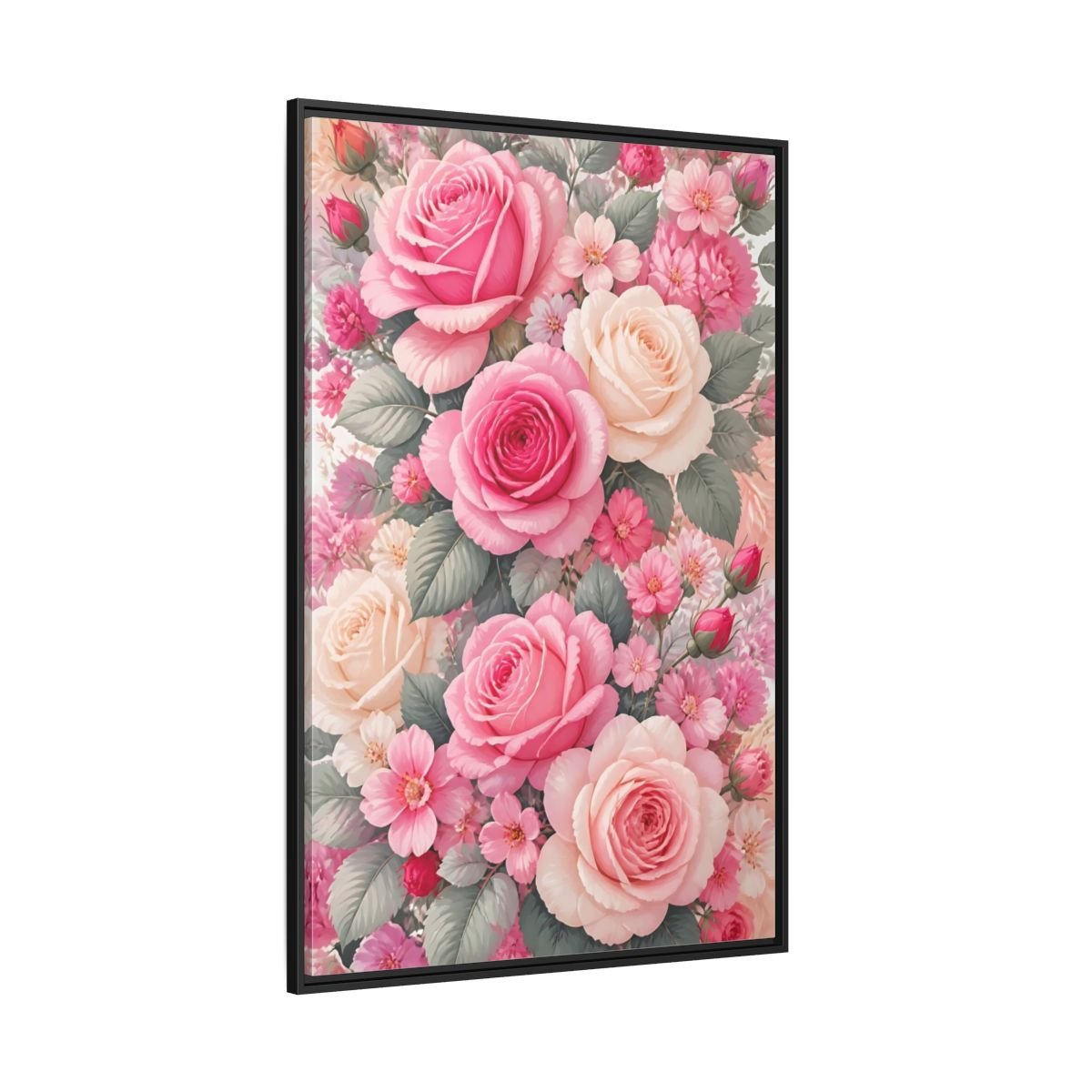 Nature Roses Pink Framed Canvas Print Wall Art – Romantic Living Room, Above Fireplace - YesArtYes