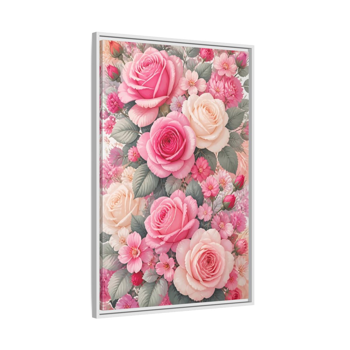Side Mockup 9. Nature Roses Pink Roses shown as framed canvas print