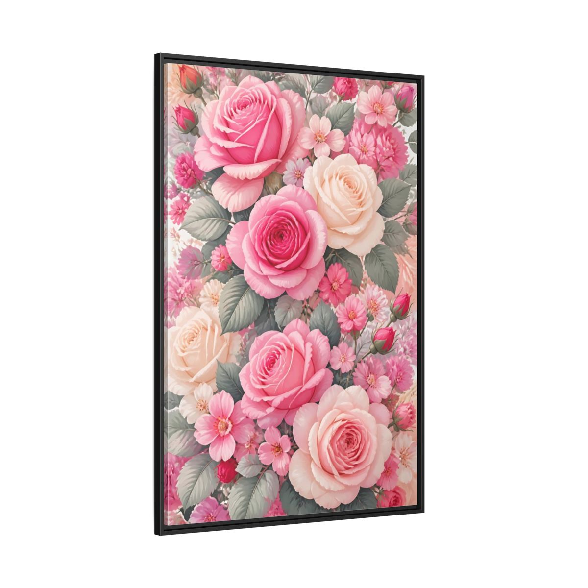 Side Mockup 12. Nature Roses Pink Roses shown as framed canvas print