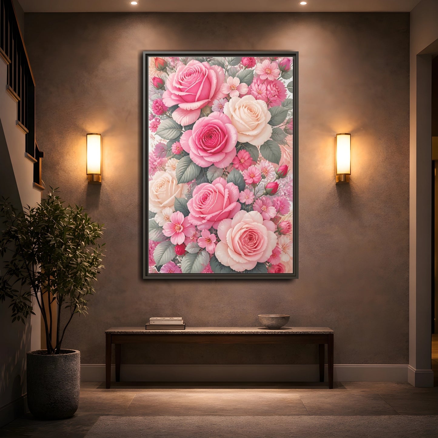 Mockup 2. Nature Roses Pink Roses shown as framed canvas print