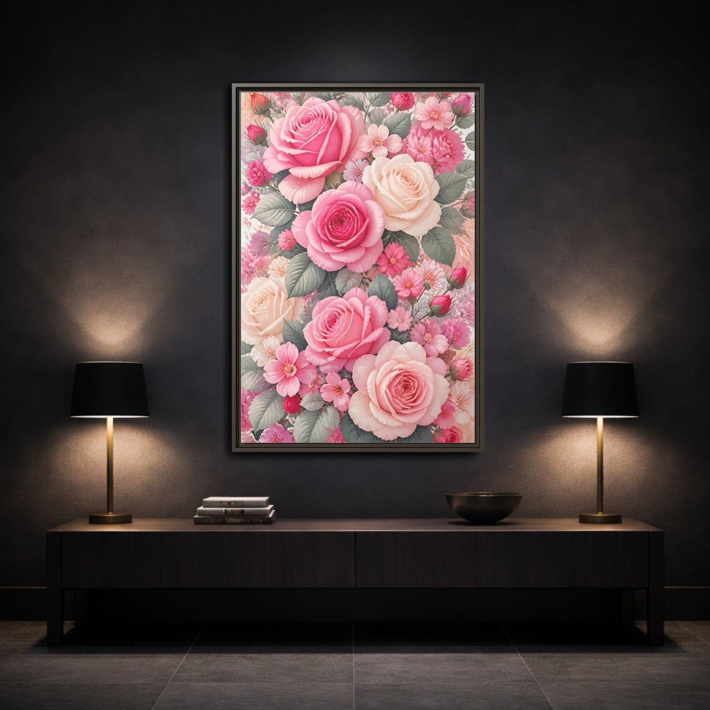 Mockup 3. Nature Roses Pink Roses shown as framed canvas print