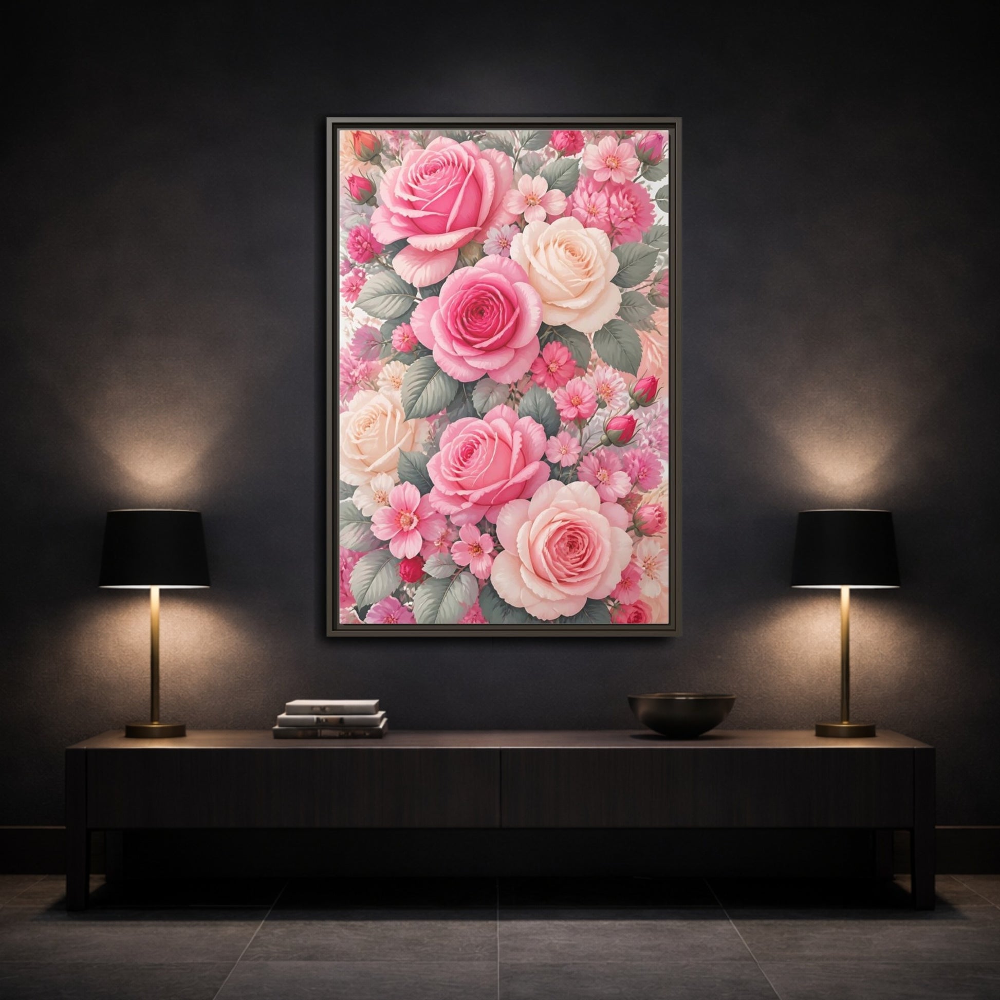 Mockup 3. Nature Roses Pink Roses shown as framed canvas print