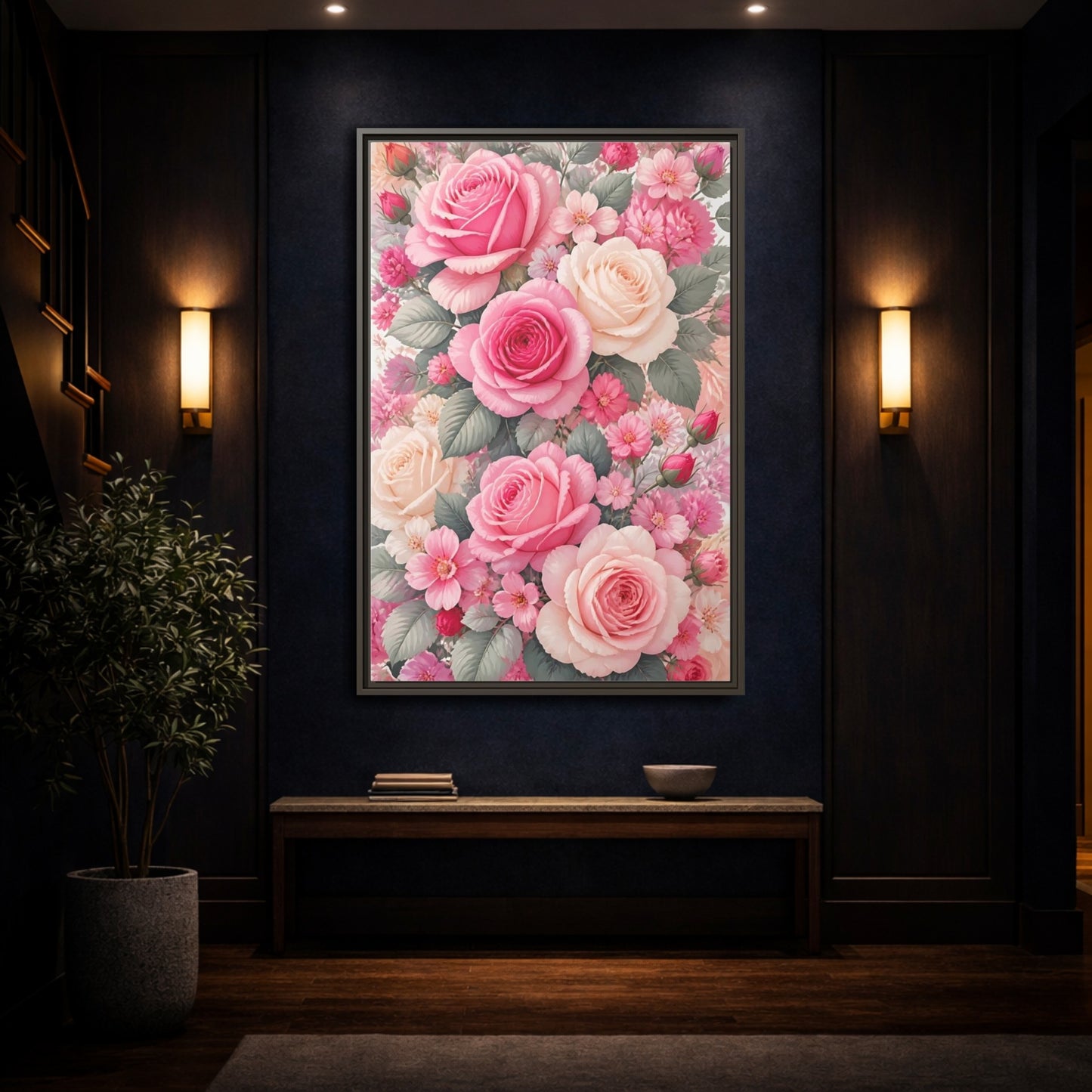 Mockup 4. Nature Roses Pink Roses shown as framed canvas print