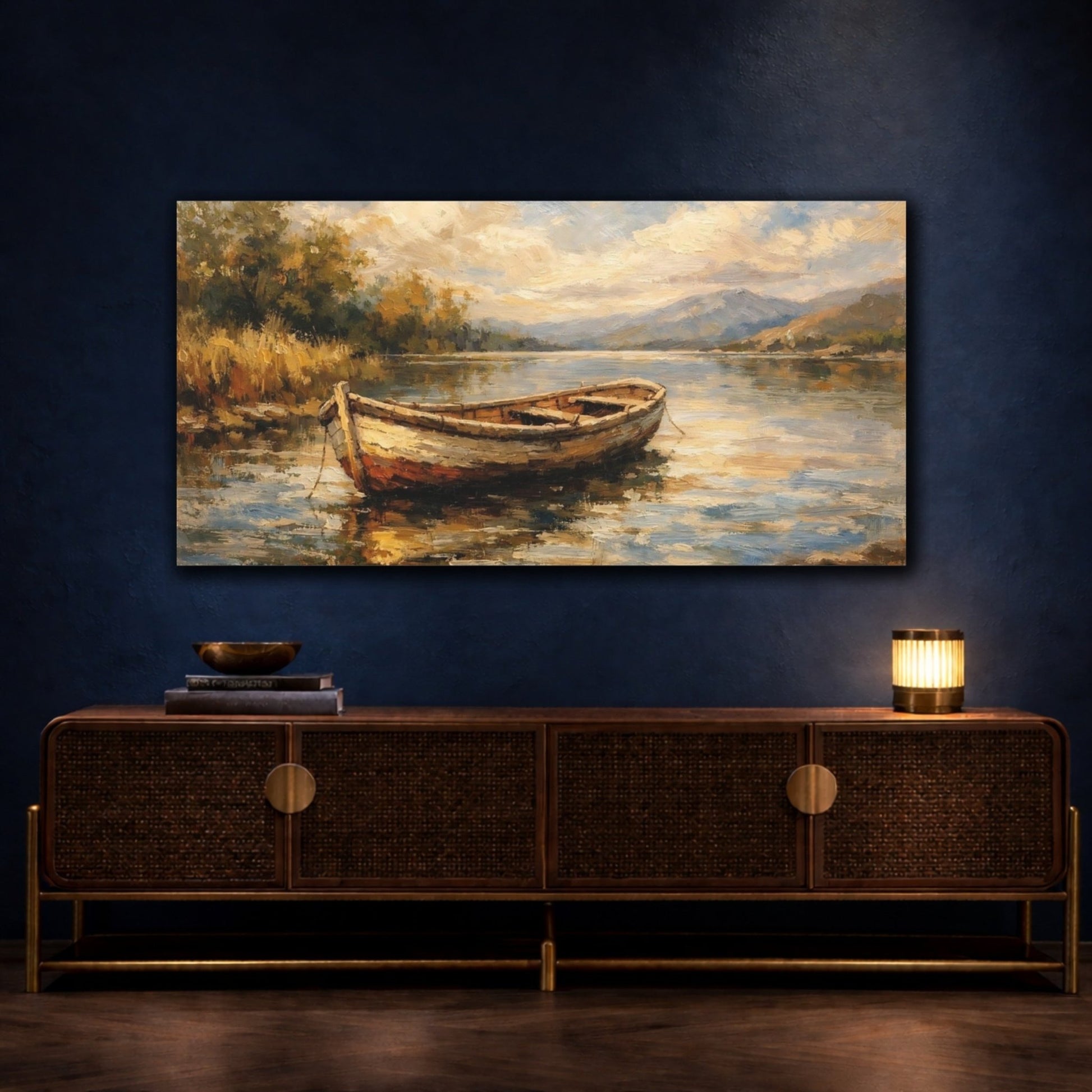 Nature Rowboat Lake Boat Landscape - Canvas Wall Art Print - YesArtYes