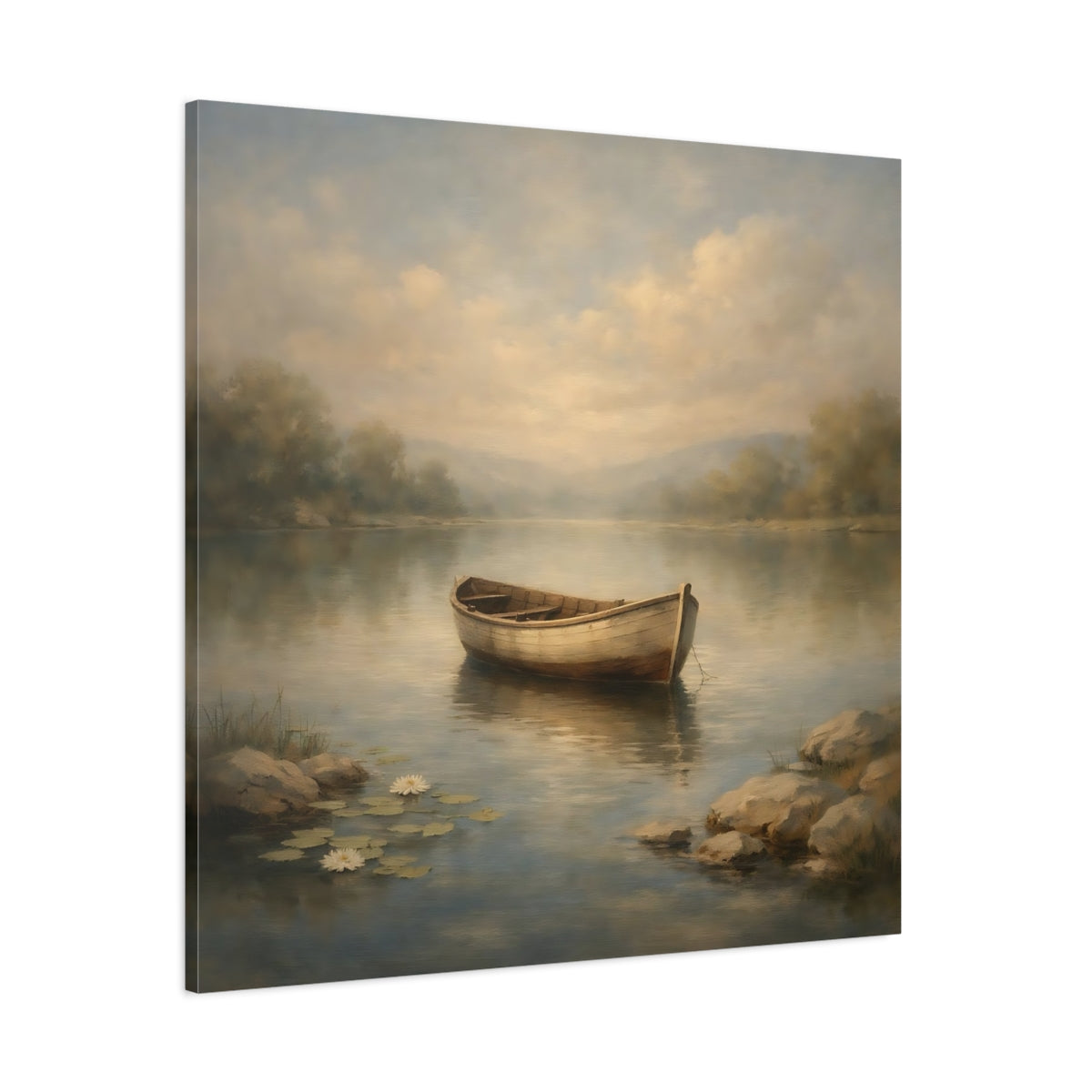 Main Mockup. Nature Rowboat Misty Lake Rowboat shown as stretched canvas wall art
