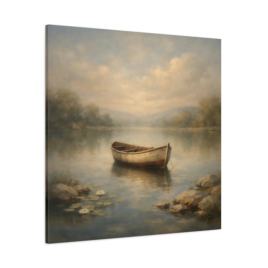 Main Mockup. Nature Rowboat Misty Lake Rowboat shown as stretched canvas wall art